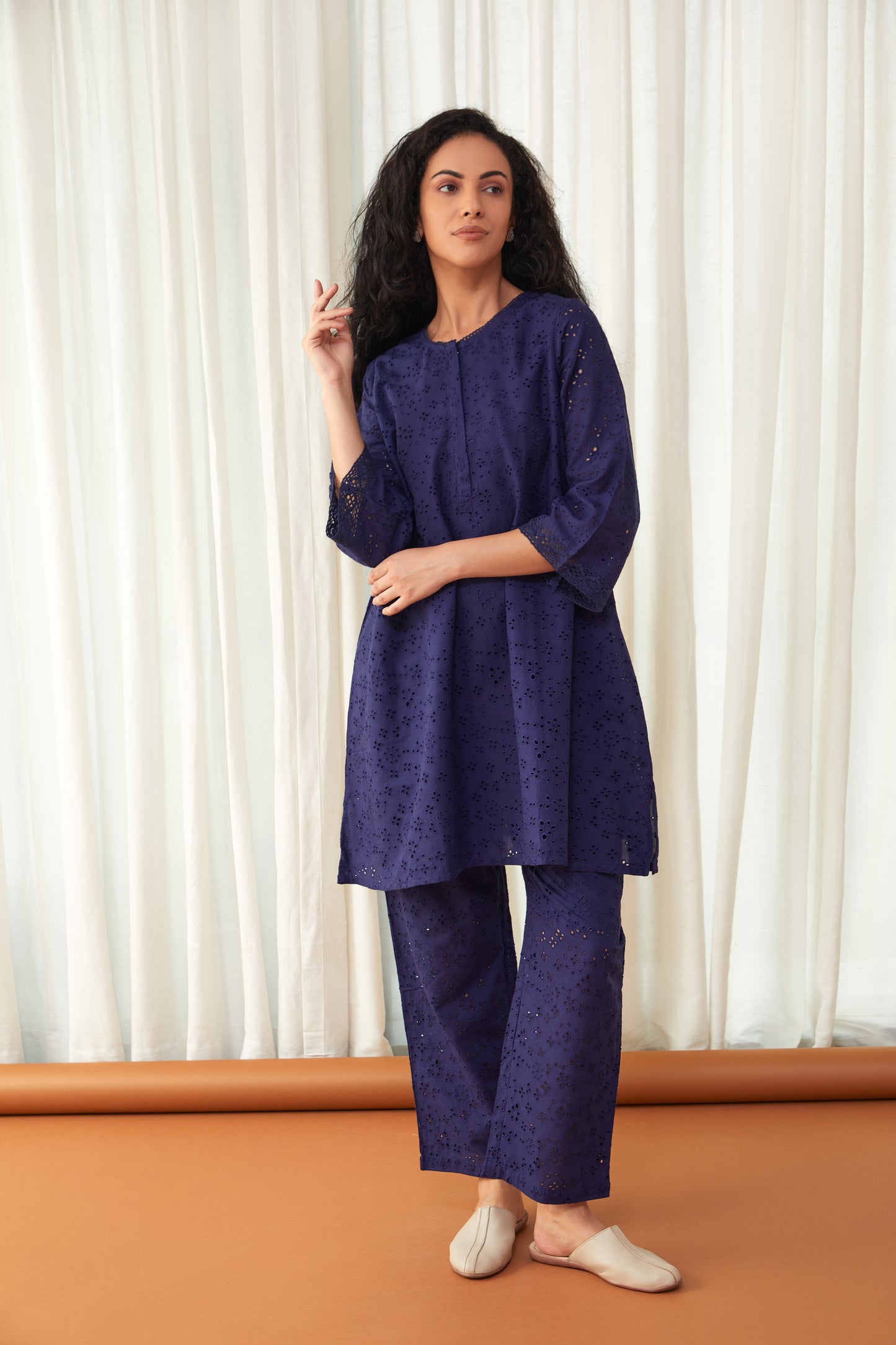 Flared Midnight Blue Cutwork Cotton Co-ord Set