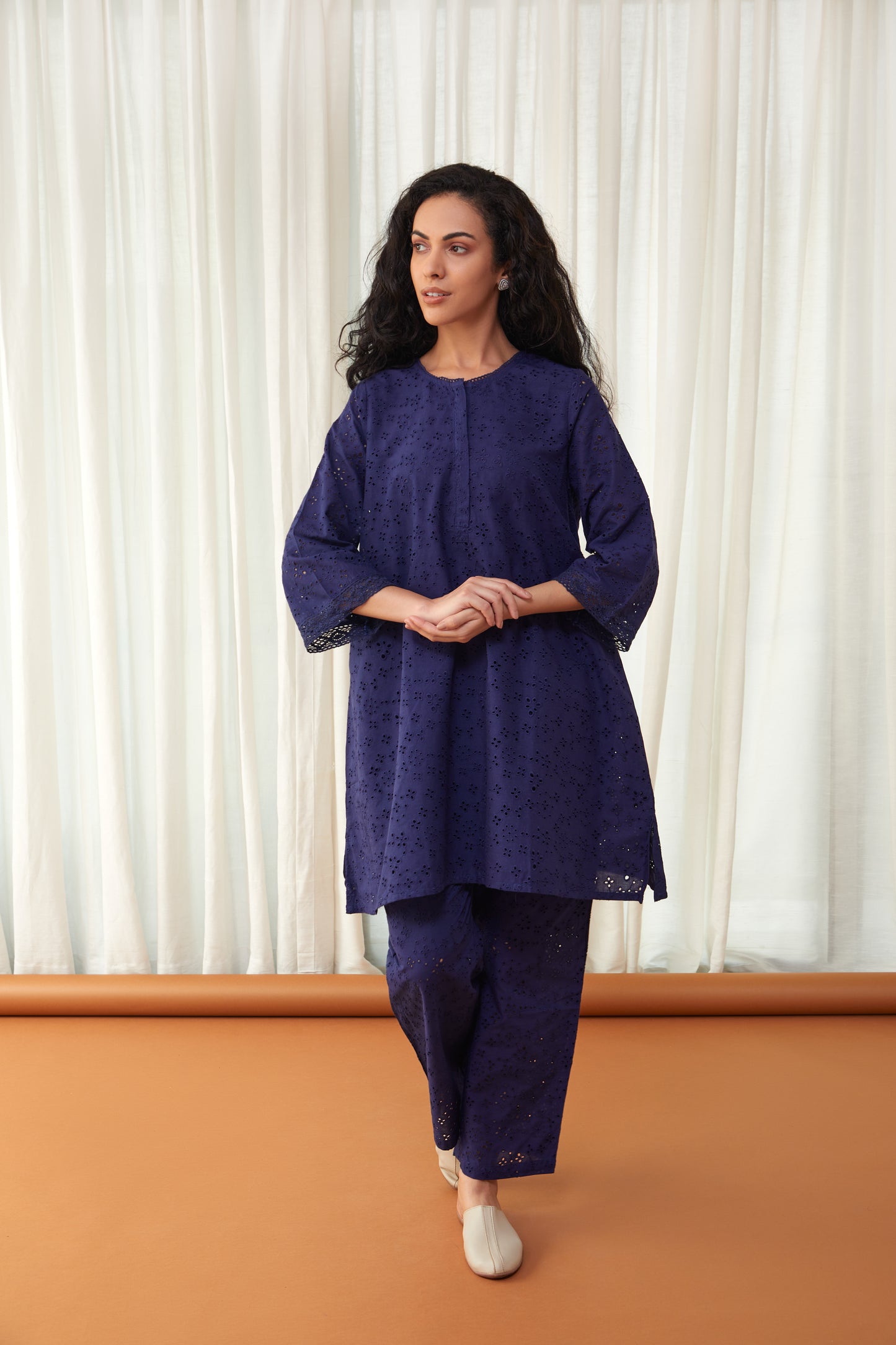 Flared Midnight Blue Cutwork Cotton Co-ord Set