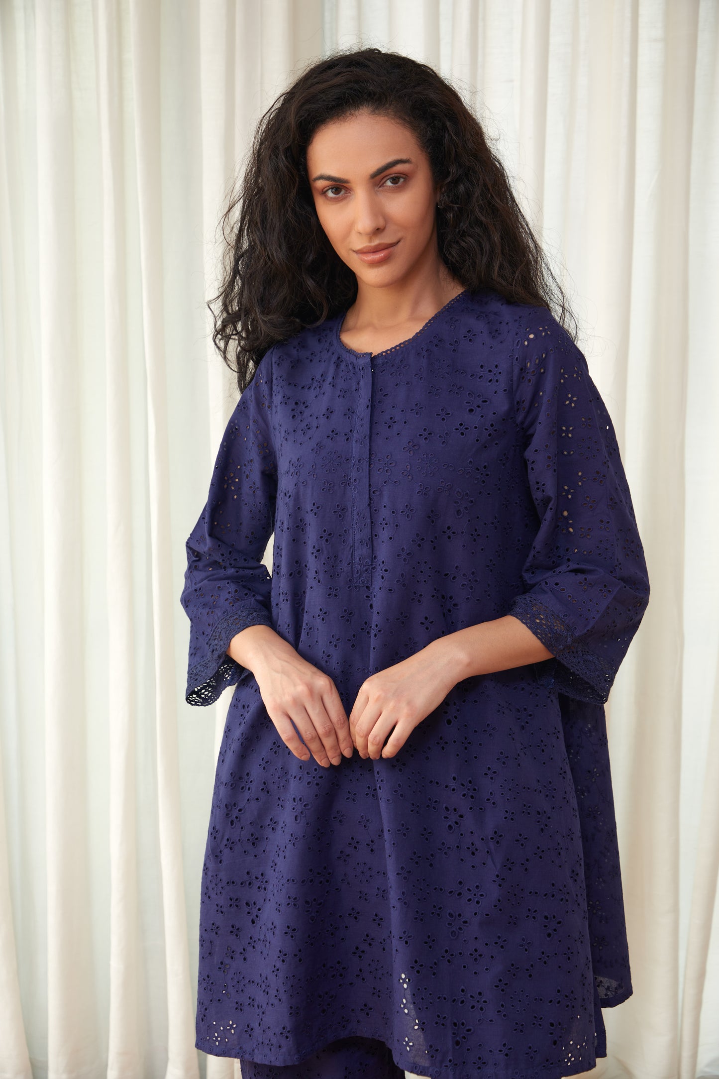 Flared Midnight Blue Cutwork Cotton Co-ord Set