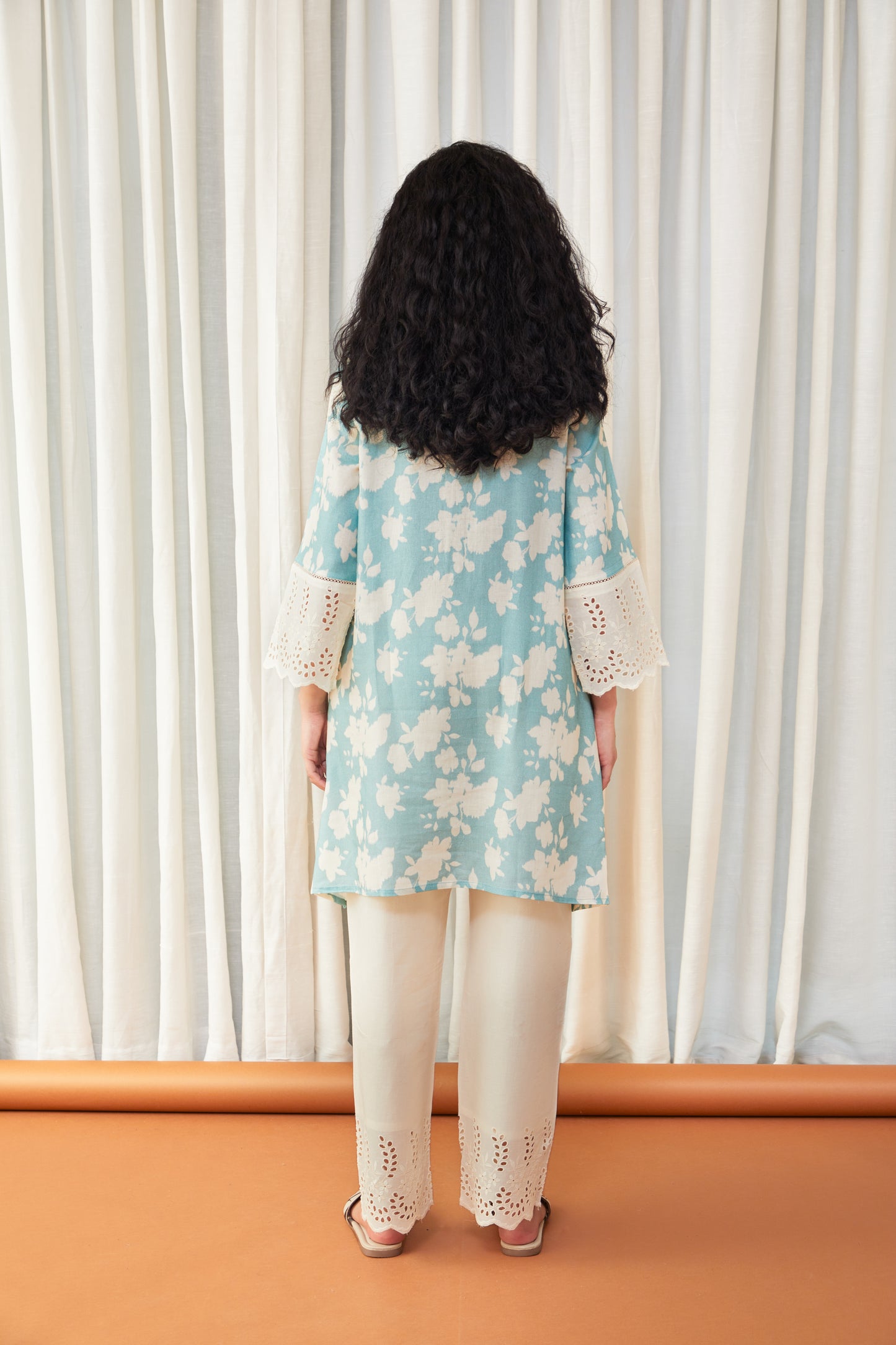 Flared Aqua Cutwork Linen Co-ord Set