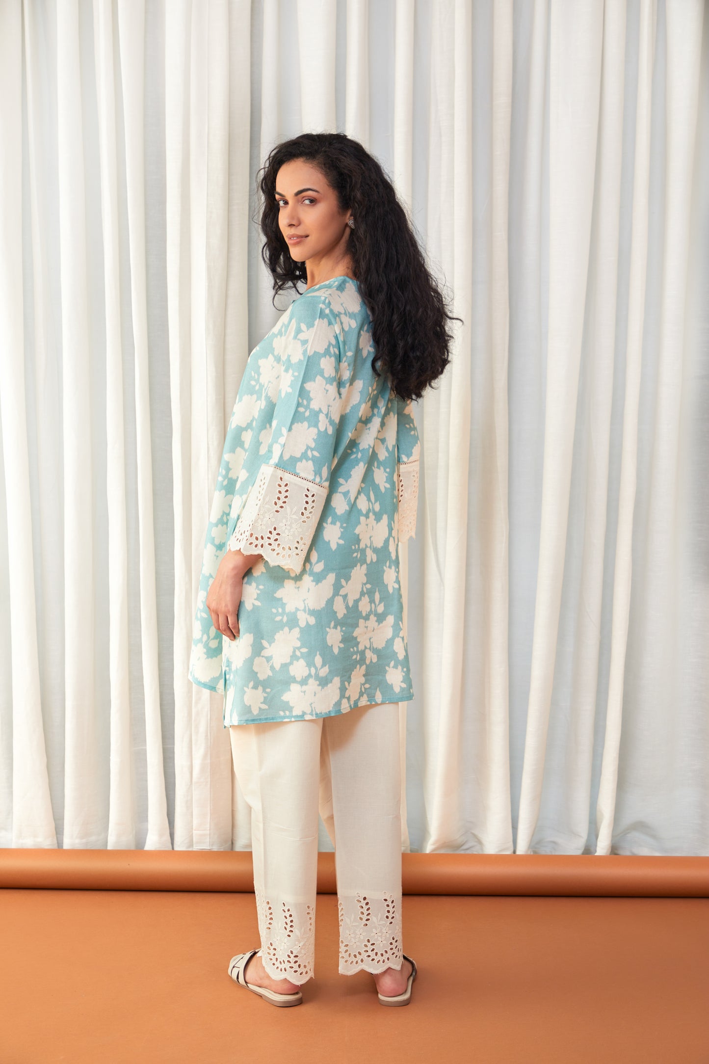 Flared Aqua Cutwork Linen Co-ord Set