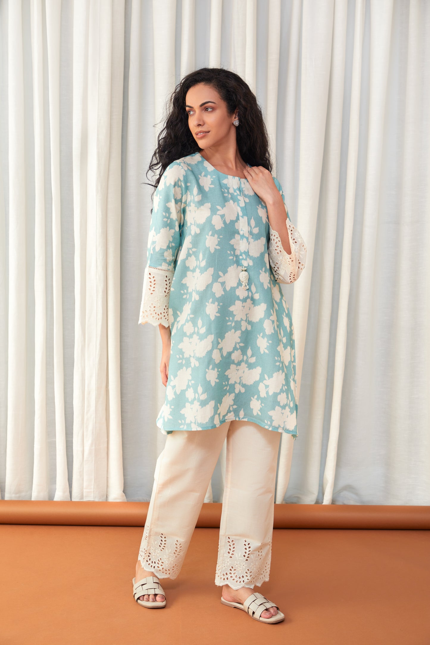 Flared Aqua Cutwork Linen Co-ord Set