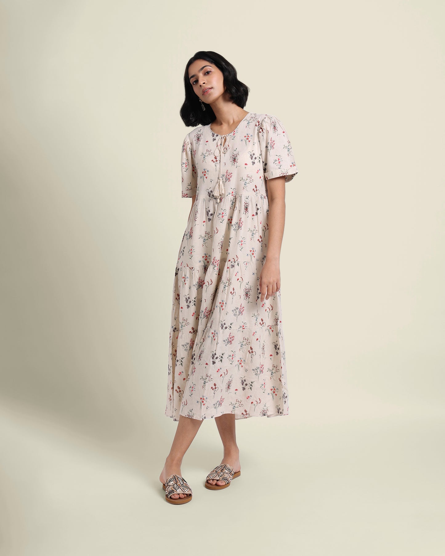 Floral Linen Dress-Cream