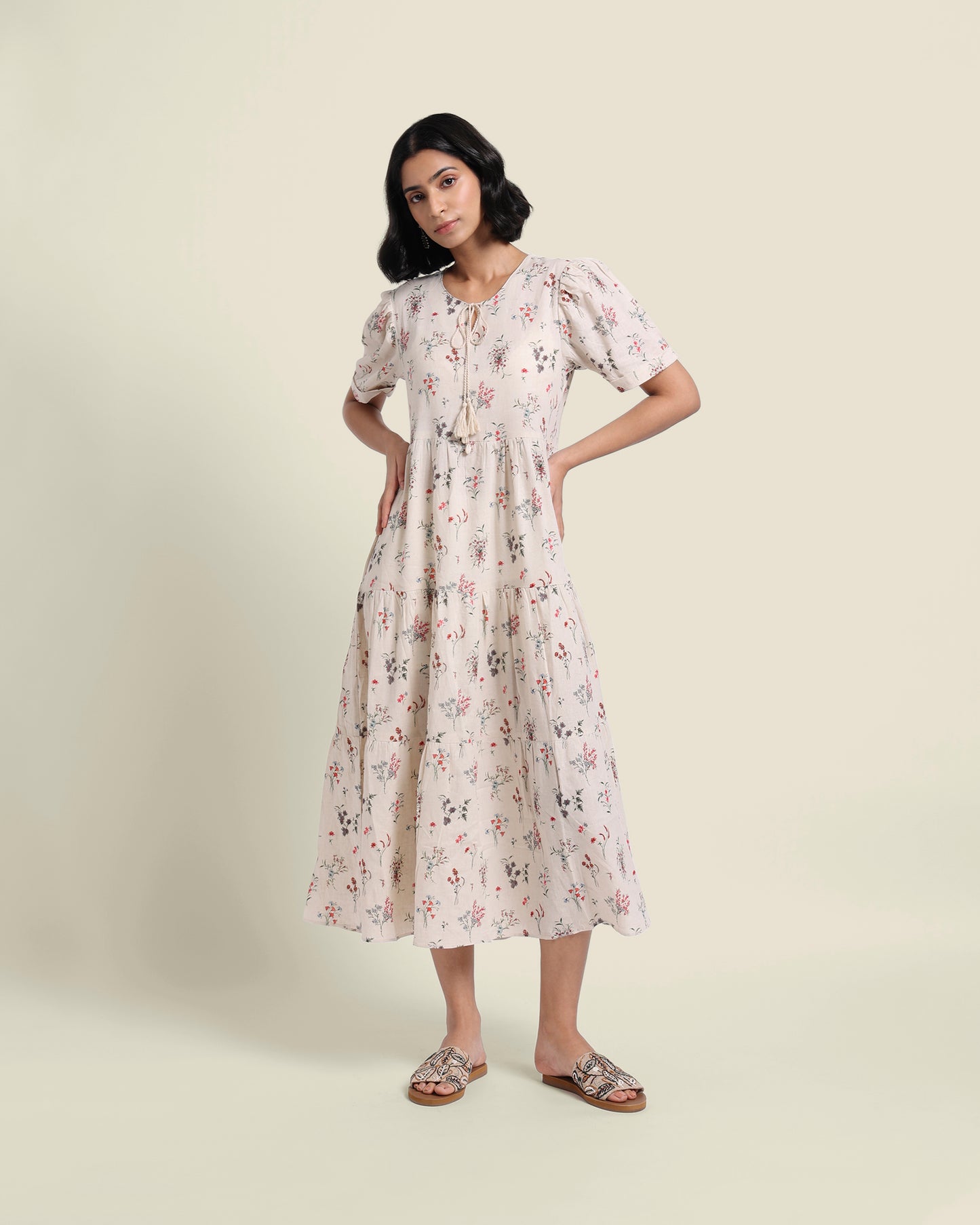 Floral Linen Dress-Cream