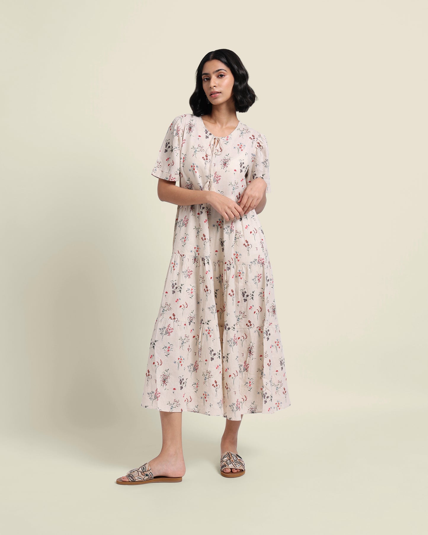 Floral Linen Dress-Cream