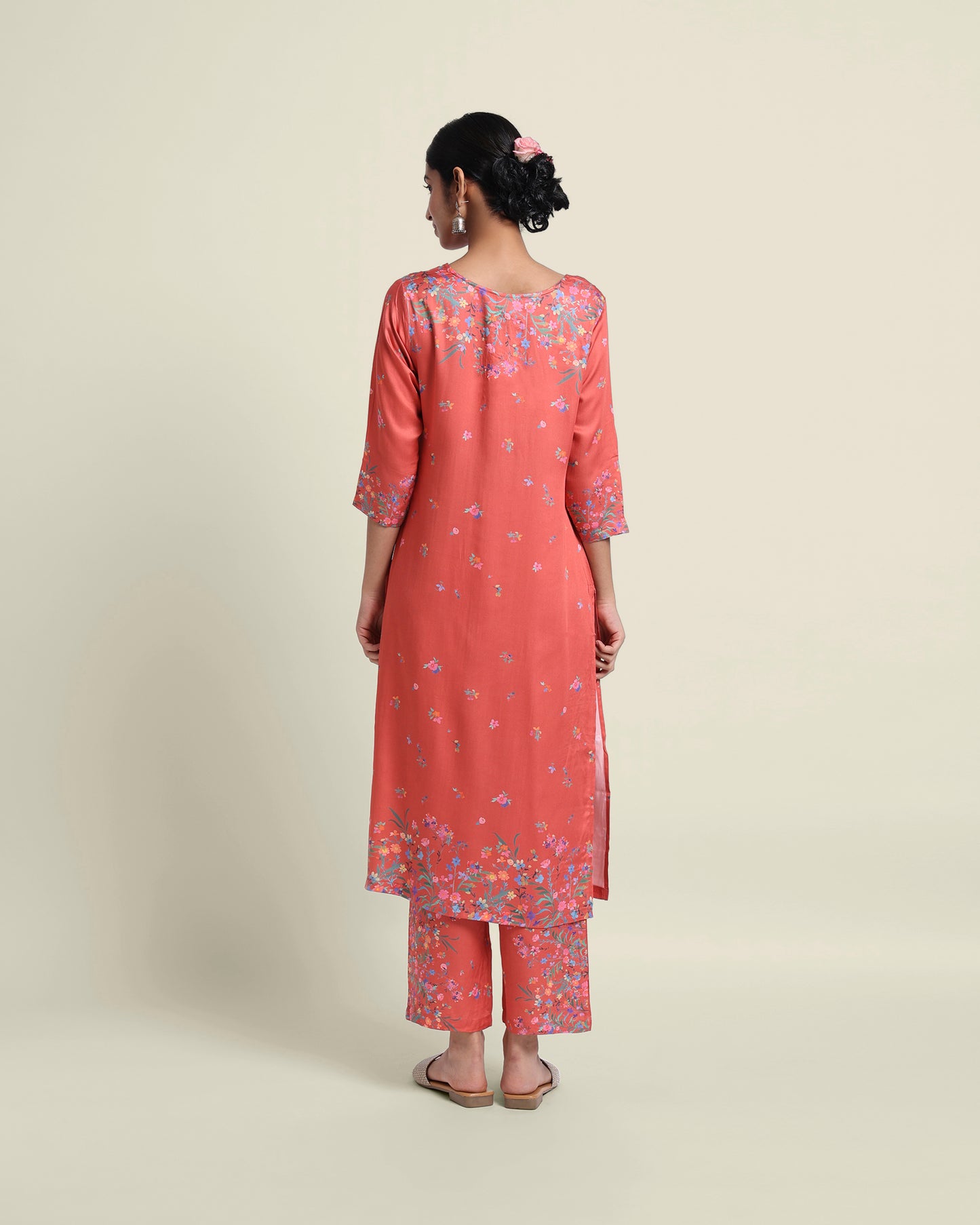 Rust Red Floral Tencel Kurta Set