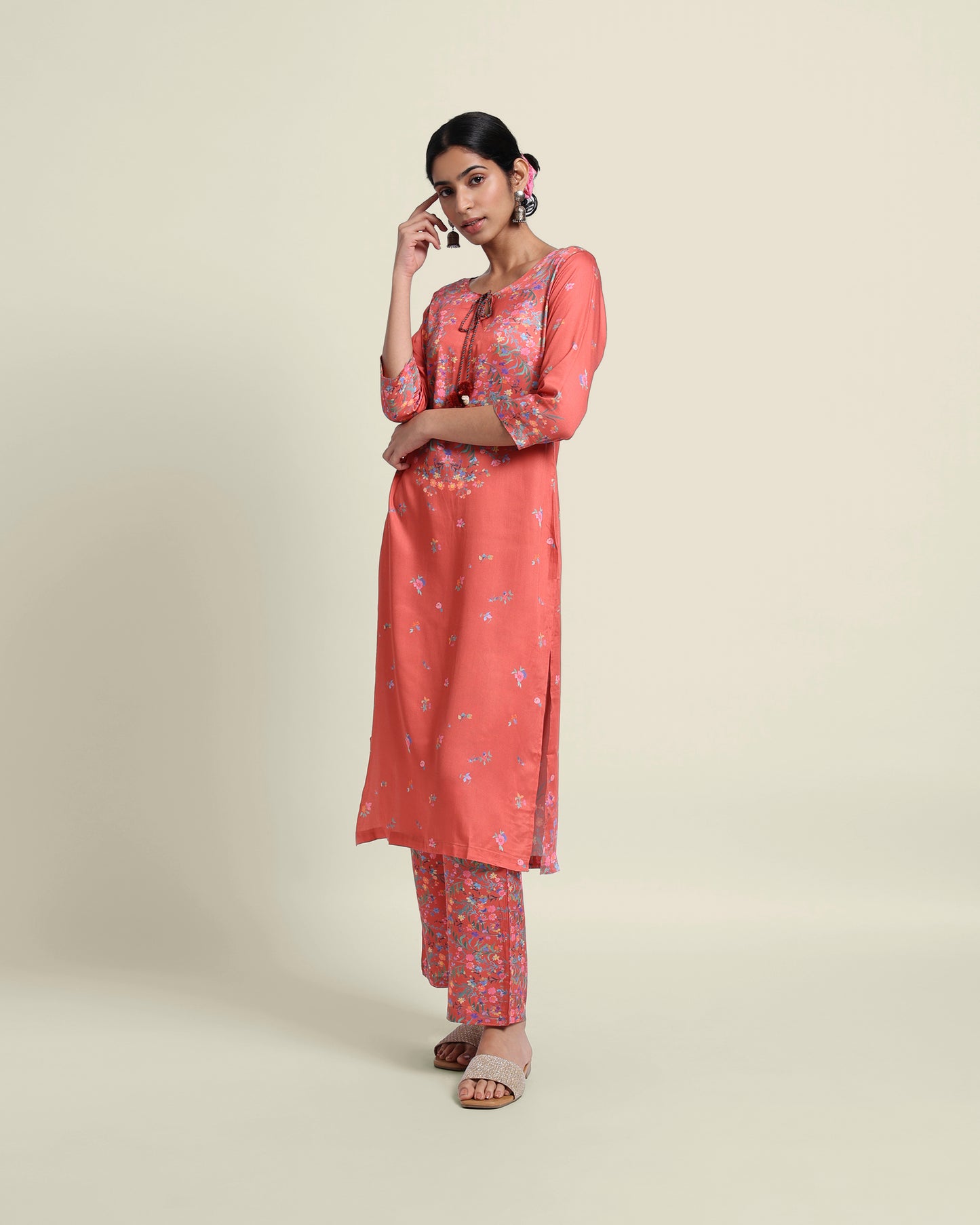 Rust Red Floral Tencel Kurta Set