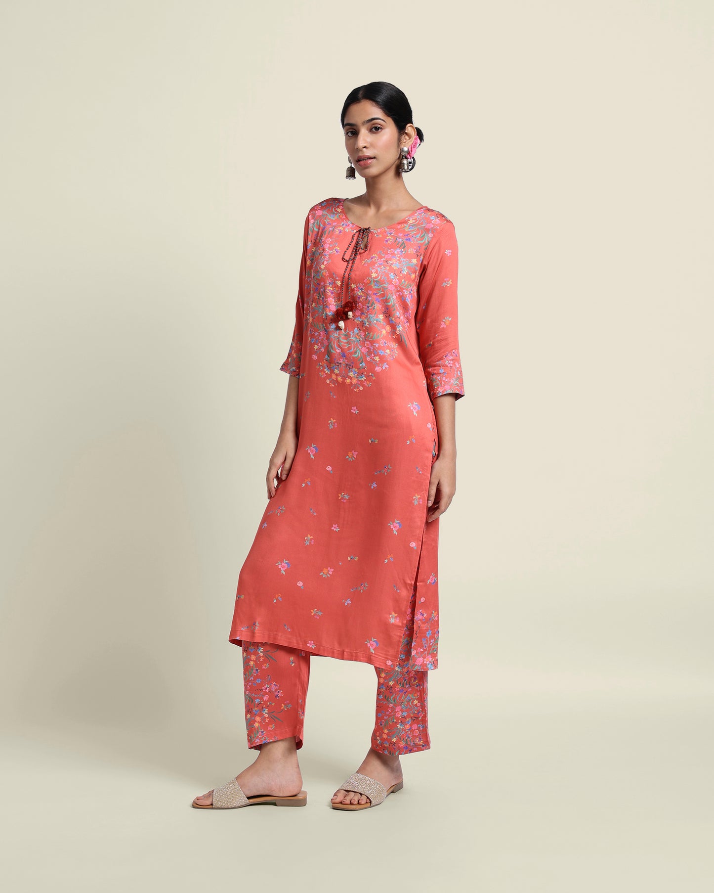 Rust Red Floral Tencel Kurta Set