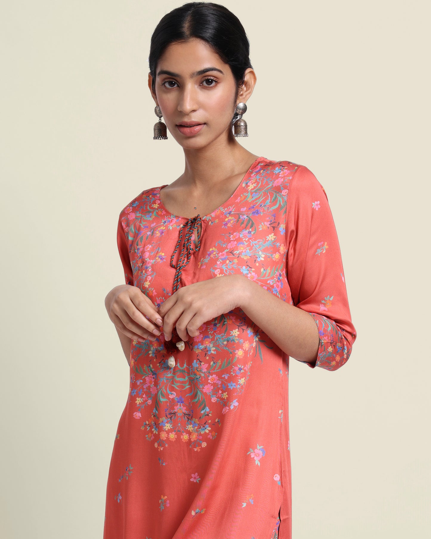 Rust Red Floral Tencel Kurta Set