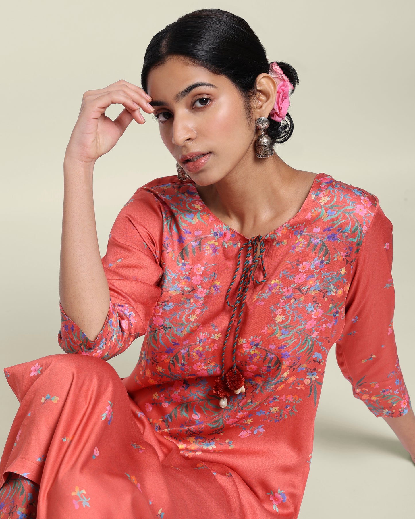 Rust Red Floral Tencel Kurta Set