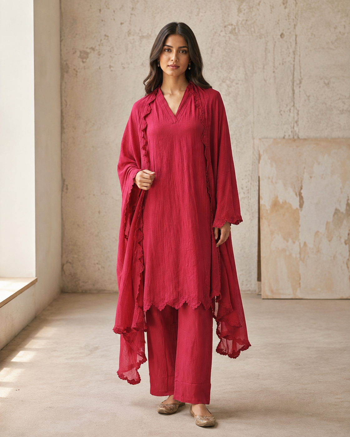 Cupro Cutwork Kurta Set-Maroon