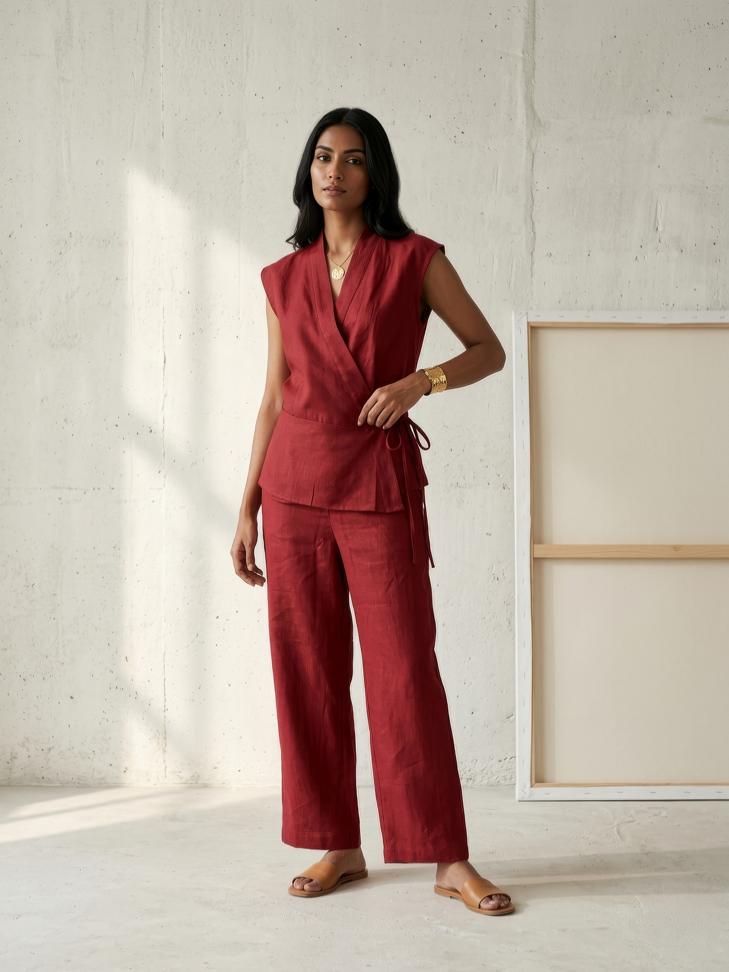 Linen Crossover Co-ord Set-Maroon