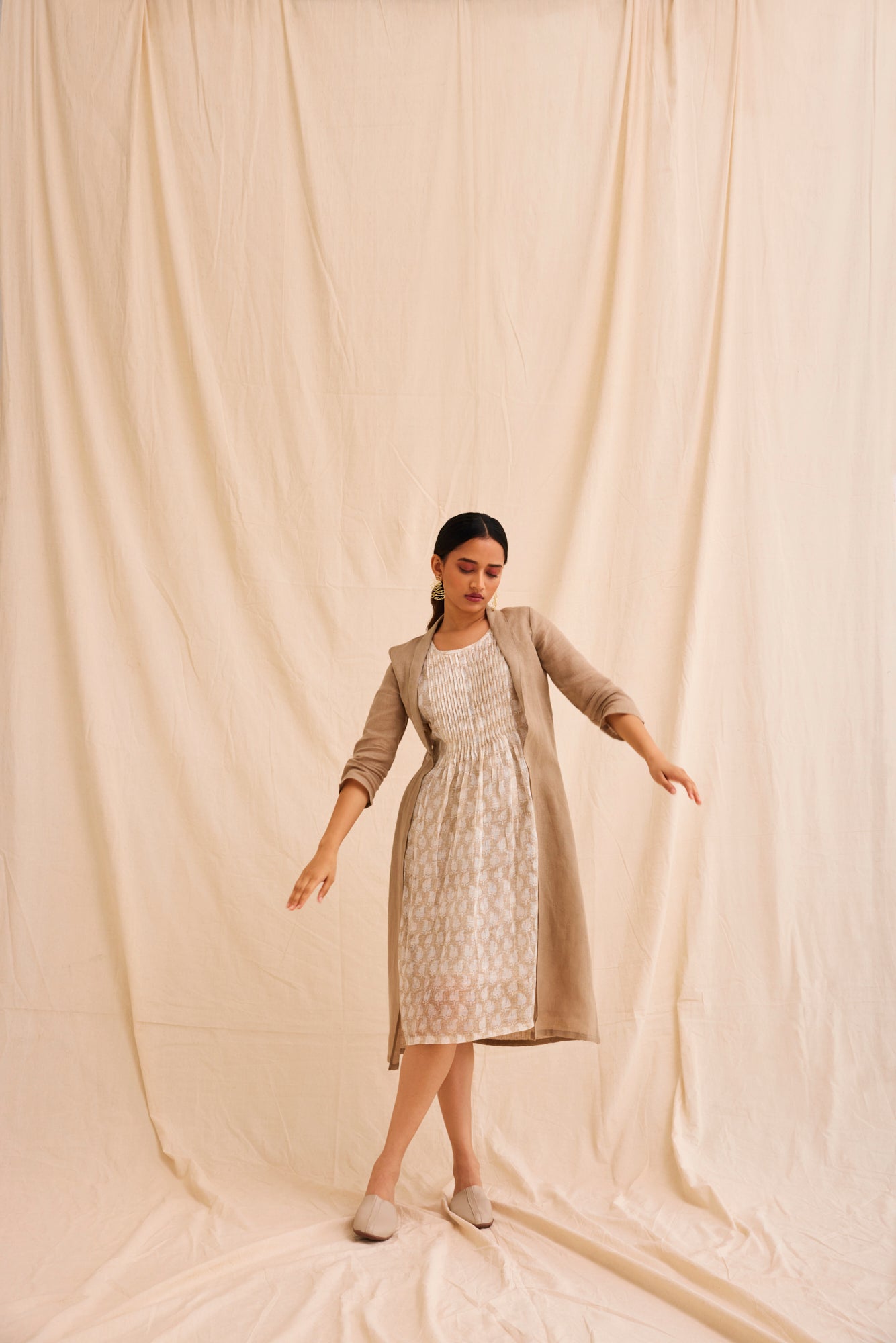 Handblock Printed Dress with Linen Overlay