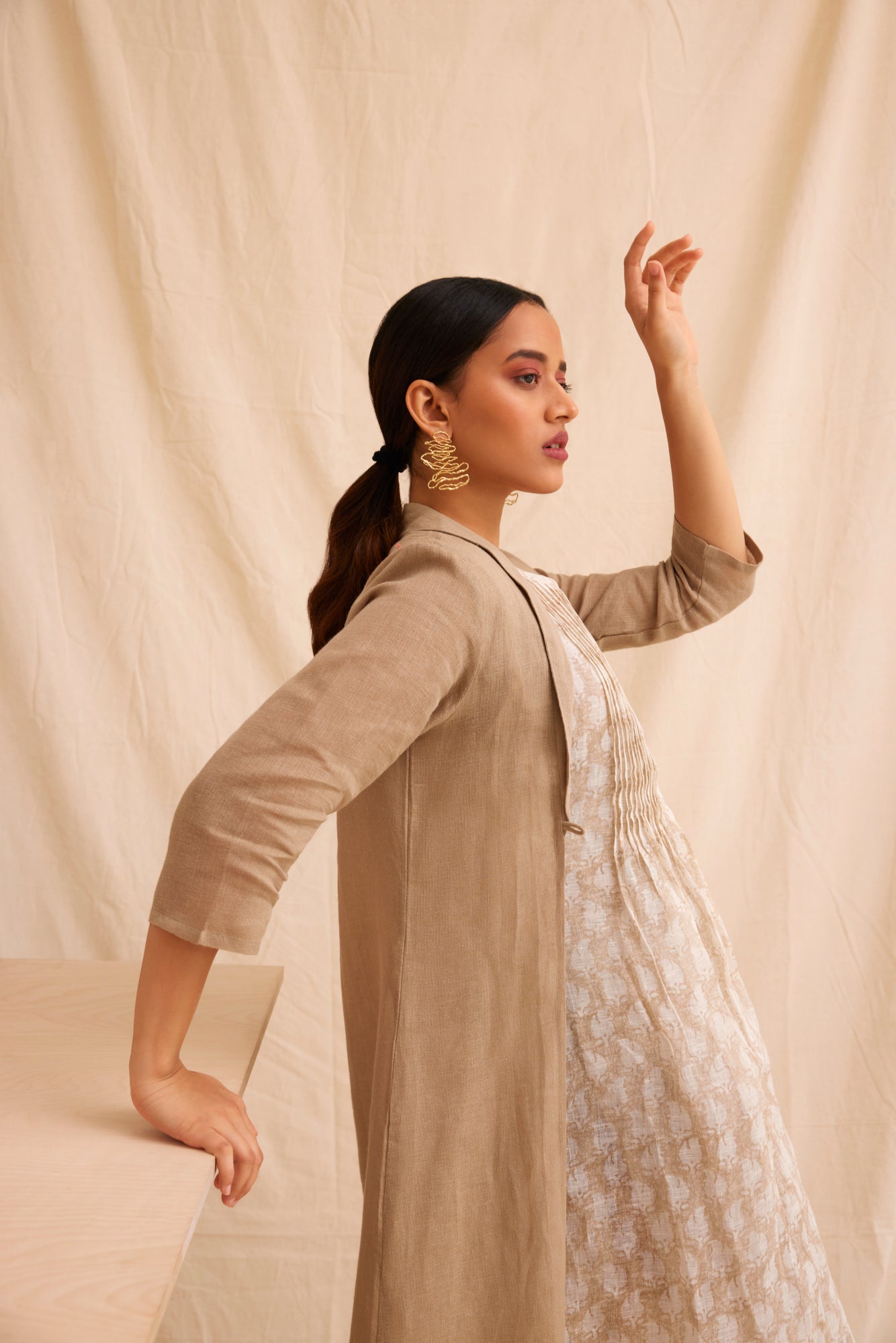 Handblock Printed Dress with Linen Overlay