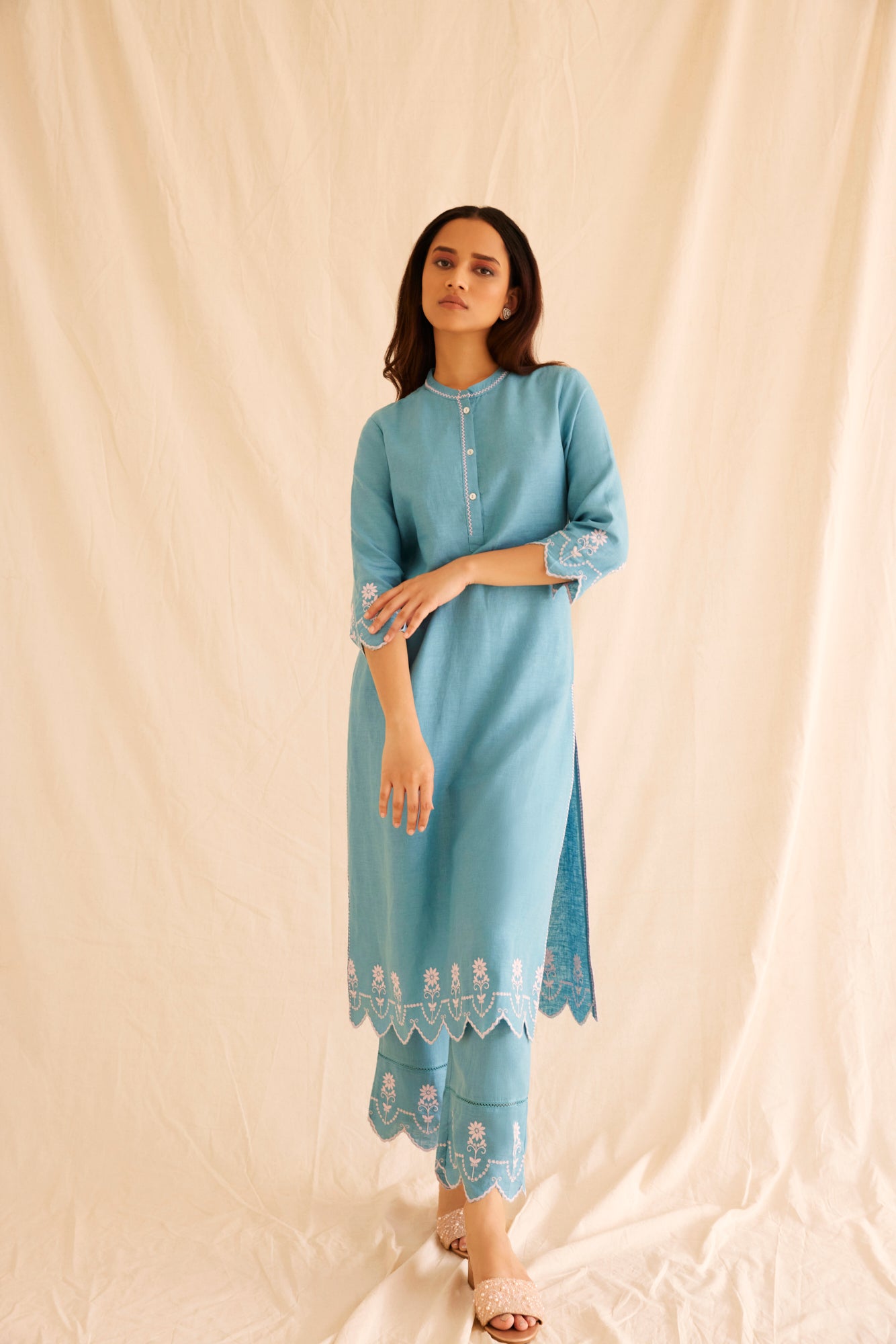 Hand Scalloped Cutwork Blue Linen Kurta Set