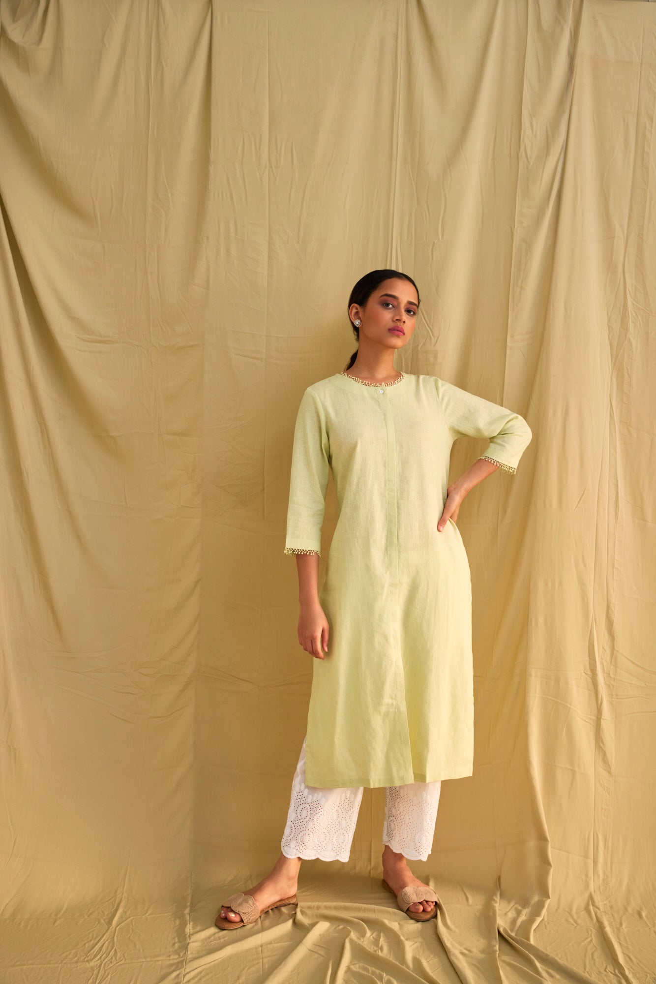 Rozana Linen Kurta Matcha Green