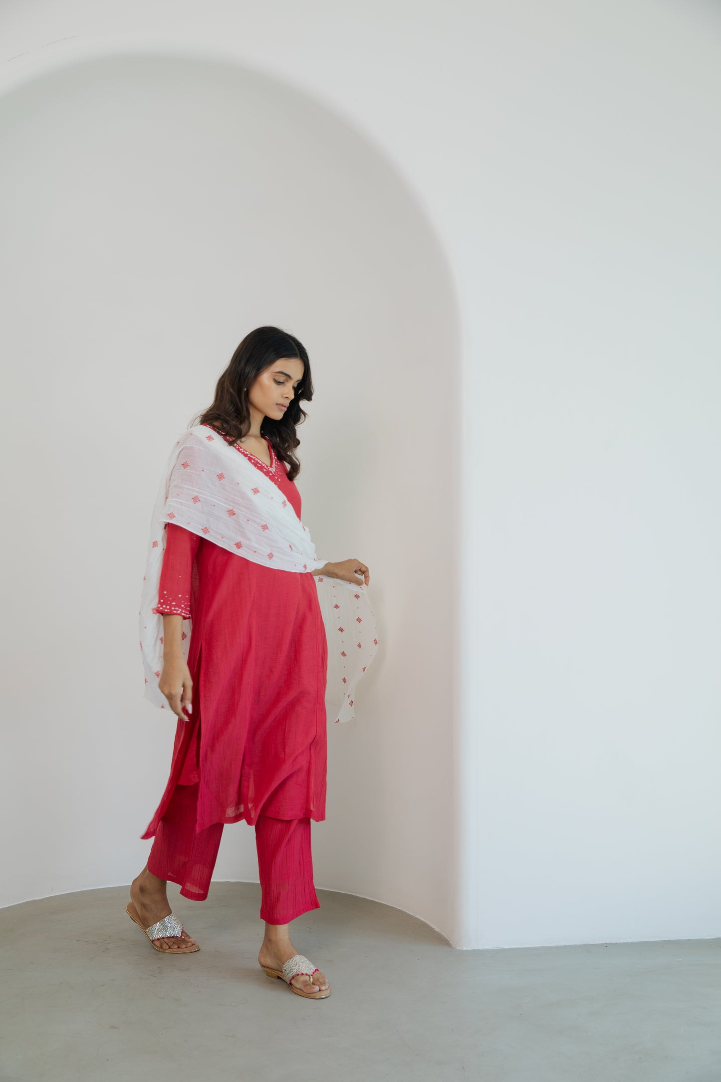 Crinkled Cupro Kurta Set- Red