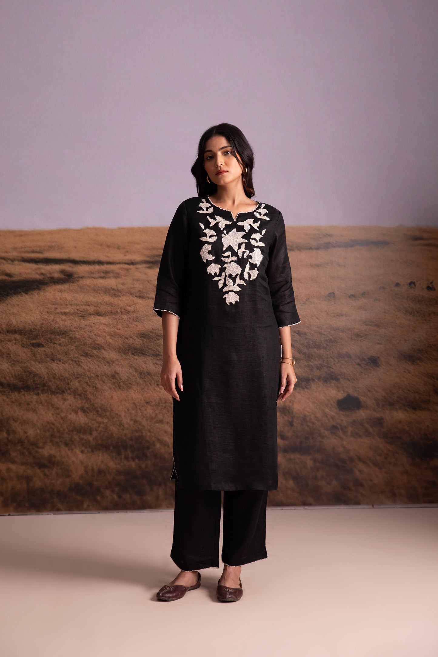 Pure Hemp Applique Black Kurta Set