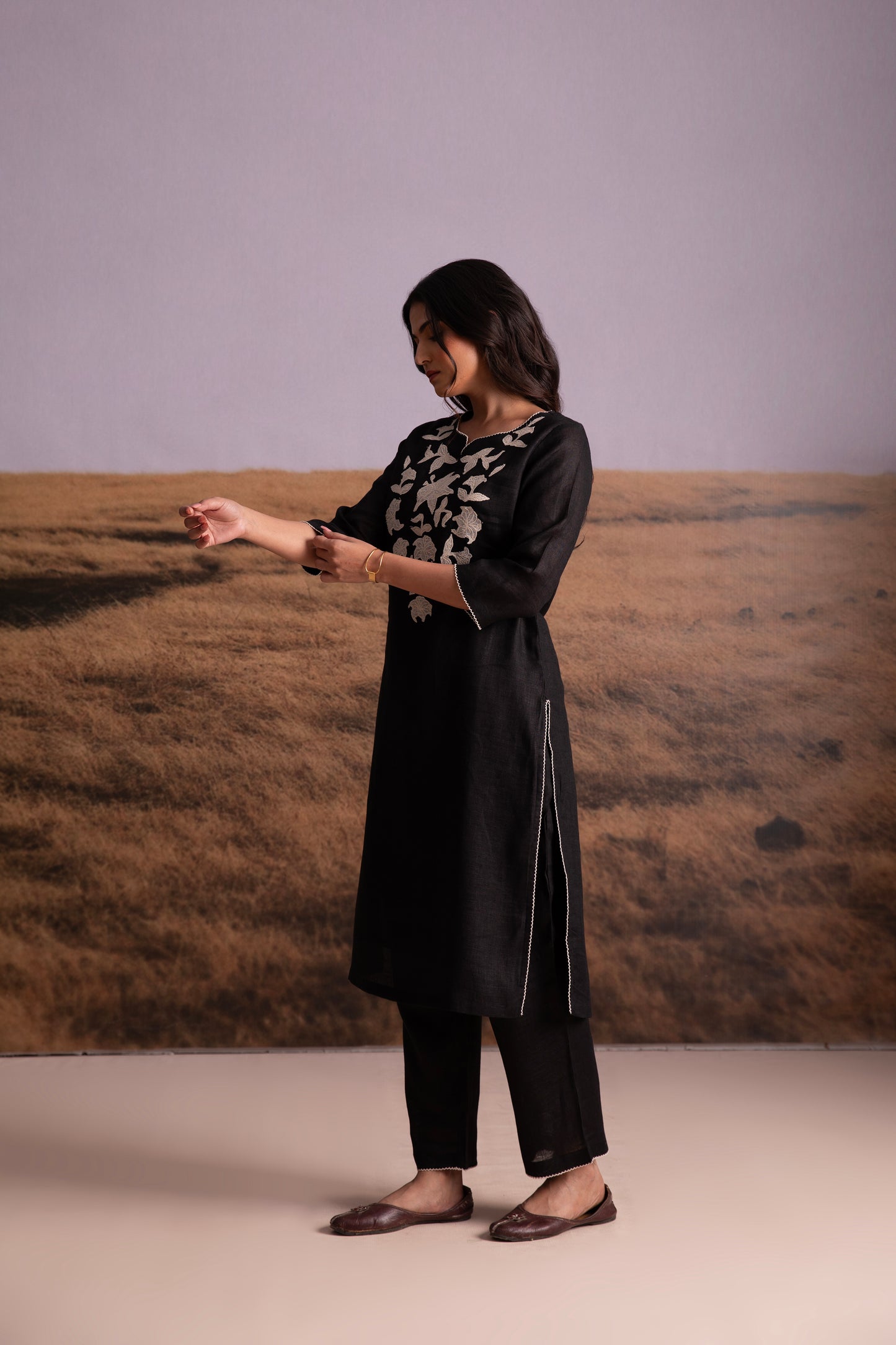 Pure Hemp Applique Black Kurta Set
