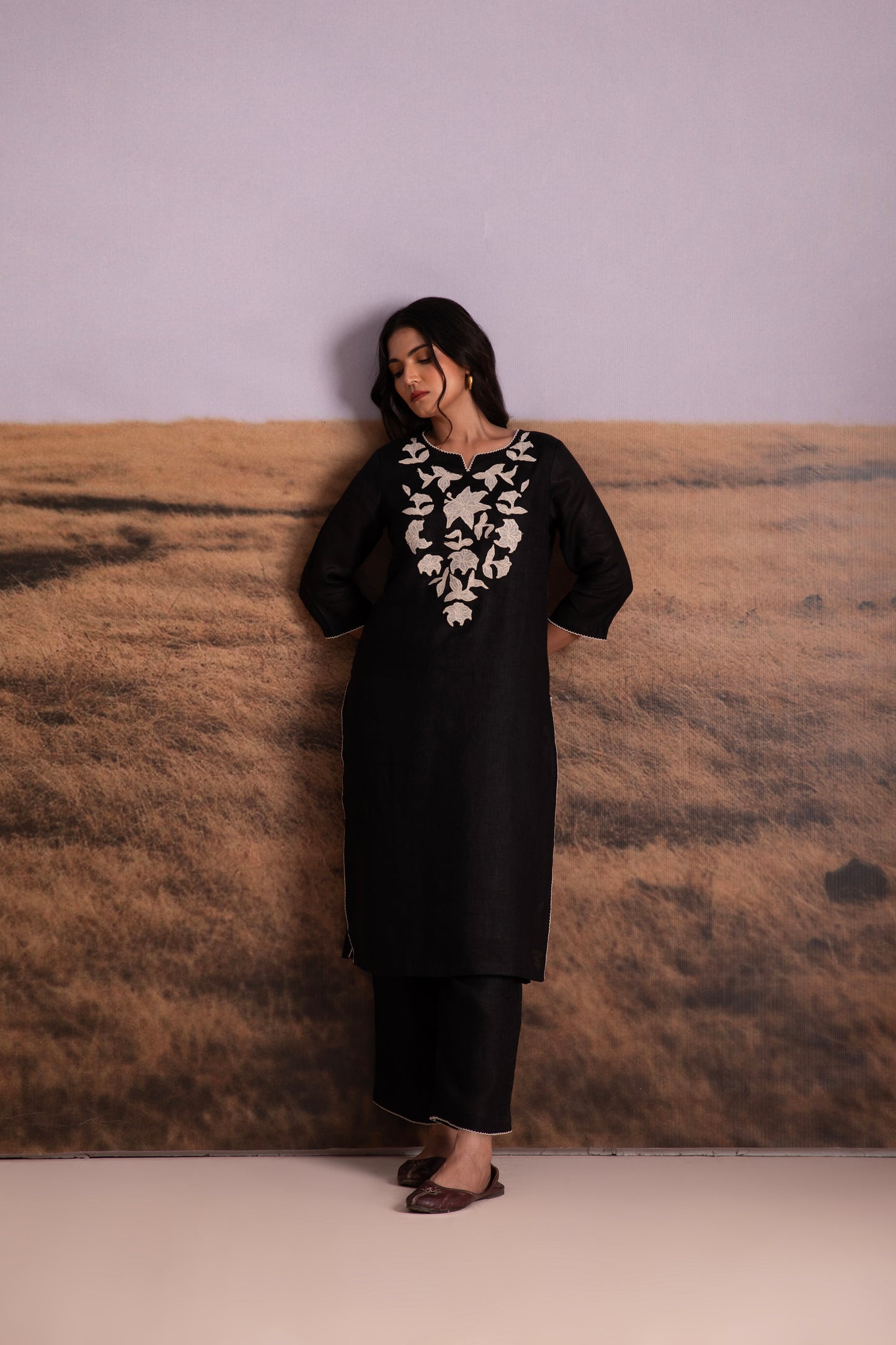 Pure Hemp Applique Black Kurta Set
