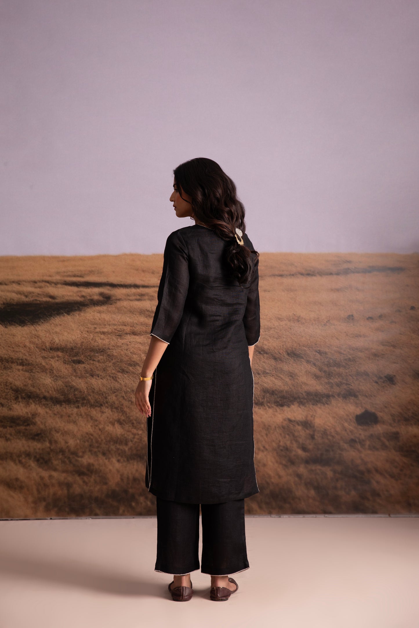 Pure Hemp Applique Black Kurta Set