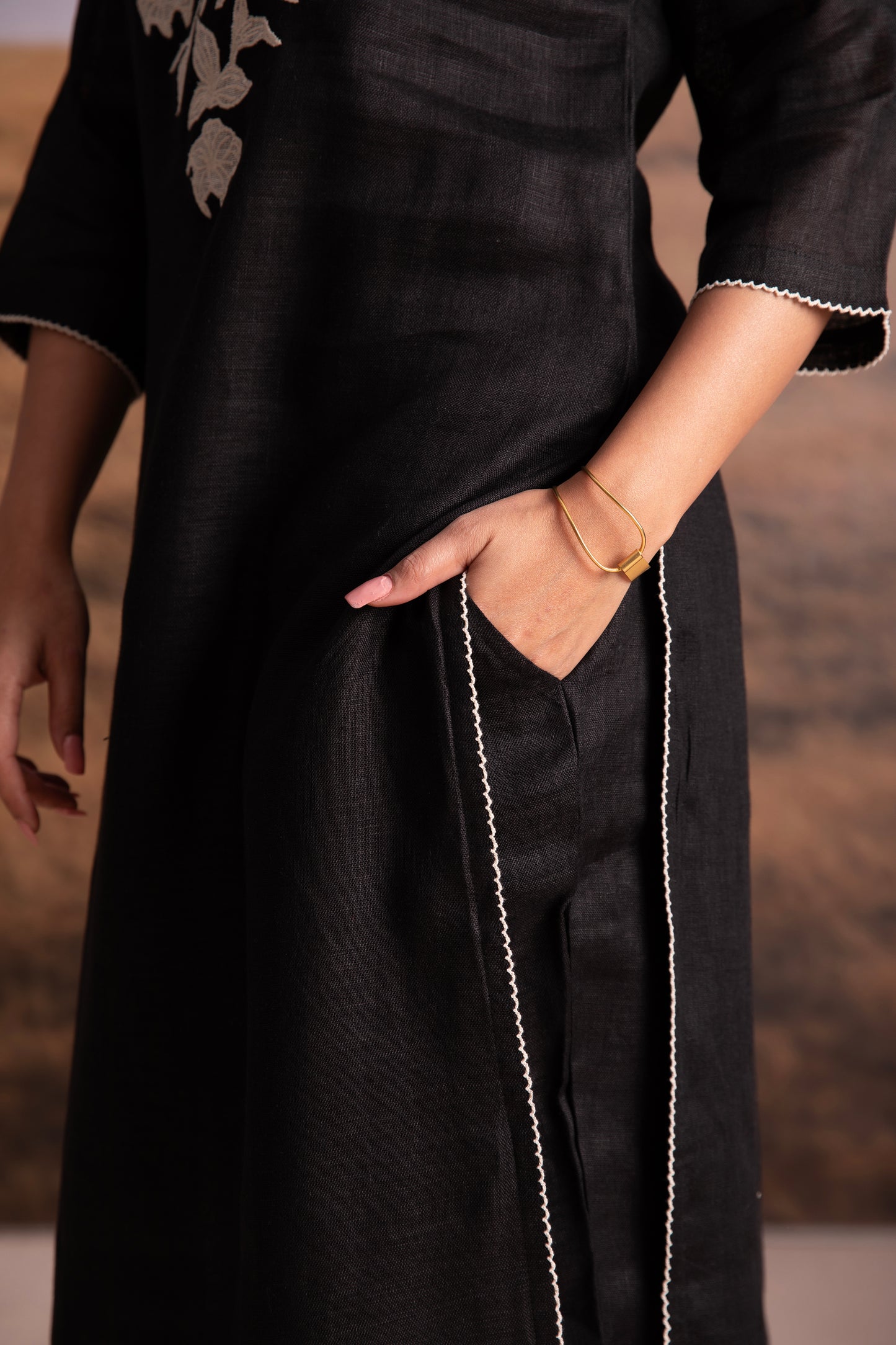 Pure Hemp Applique Black Kurta Set