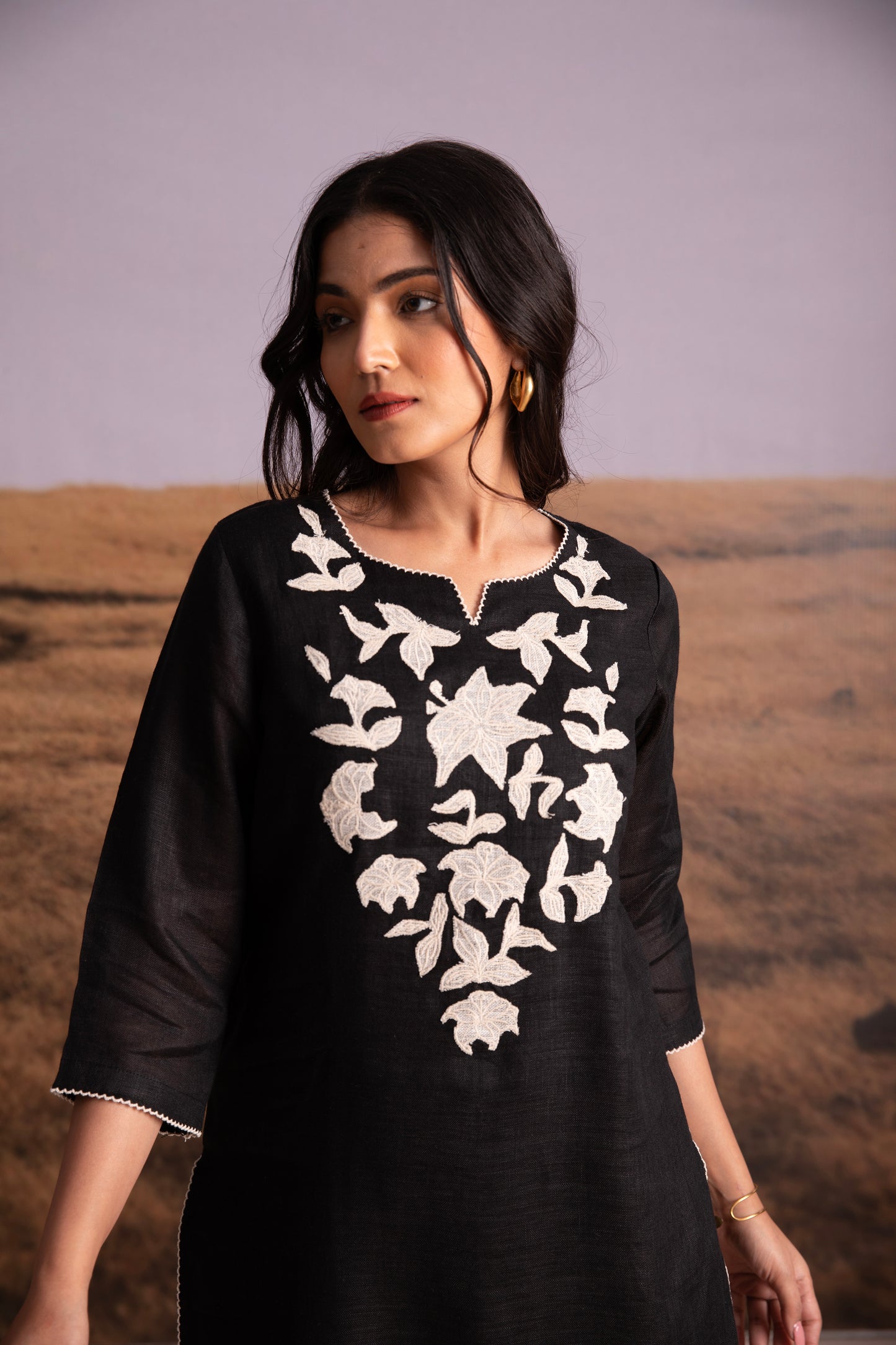 Pure Hemp Applique Black Kurta Set