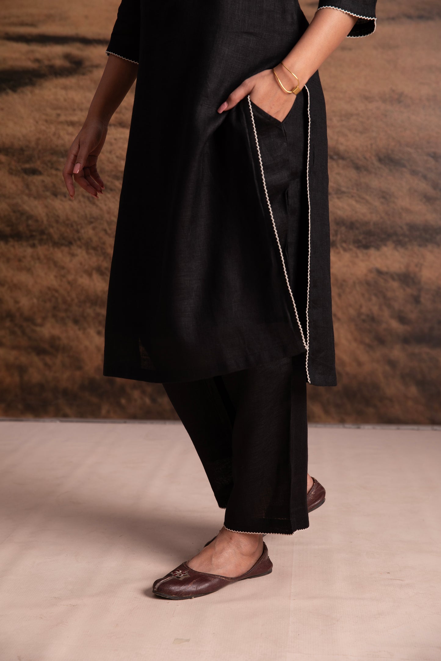 Pure Hemp Applique Black Kurta Set