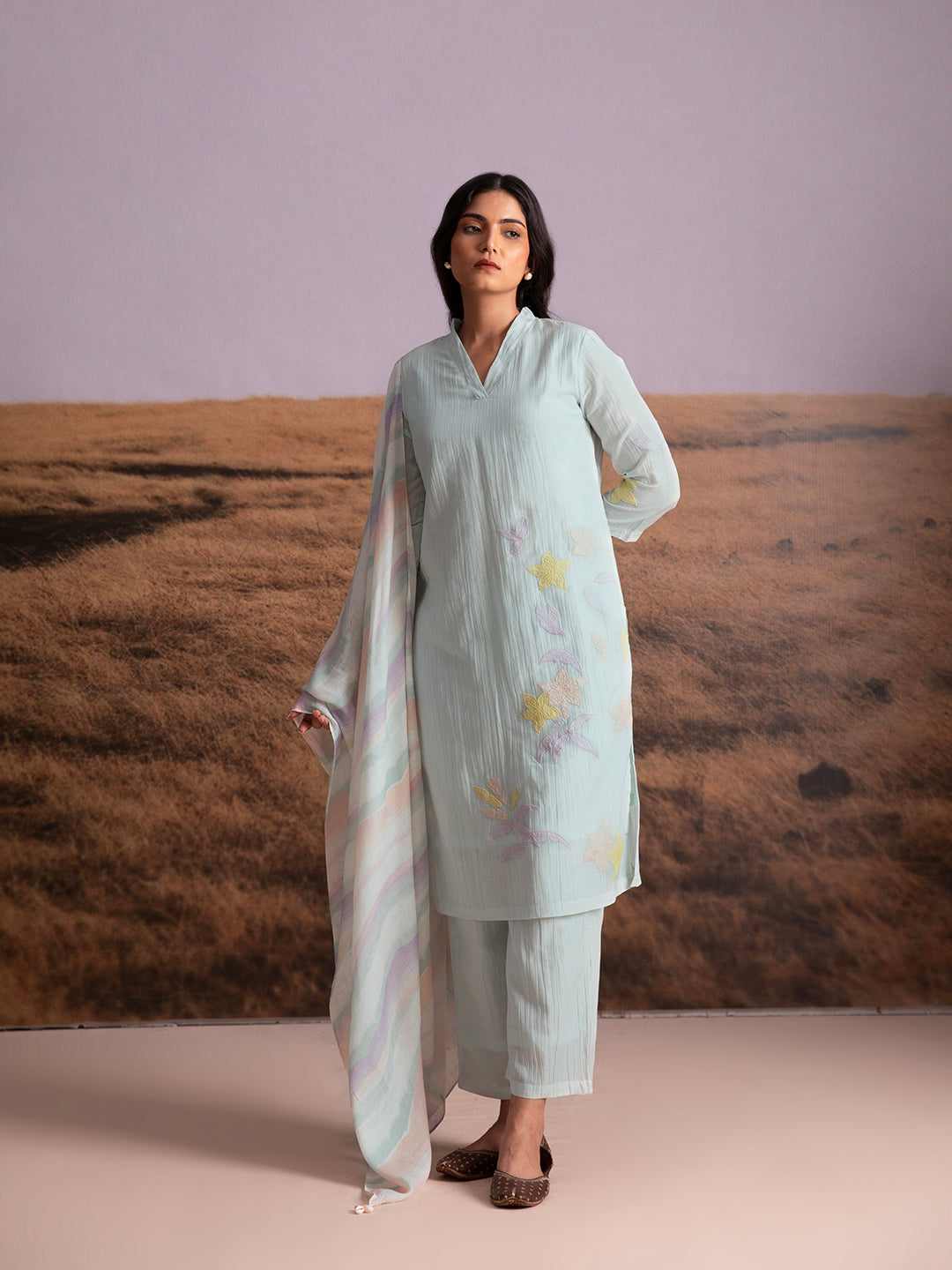 Crinkle Vegan Silk Applique Kurta Set (of 3)- Artic Blue