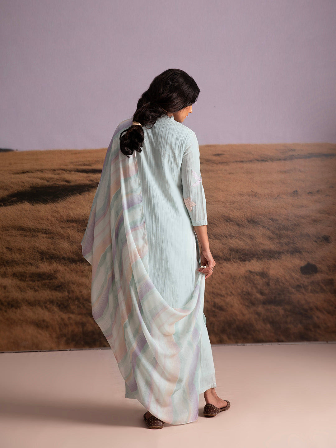 Crinkle Vegan Silk Applique Kurta Set (of 3)- Artic Blue