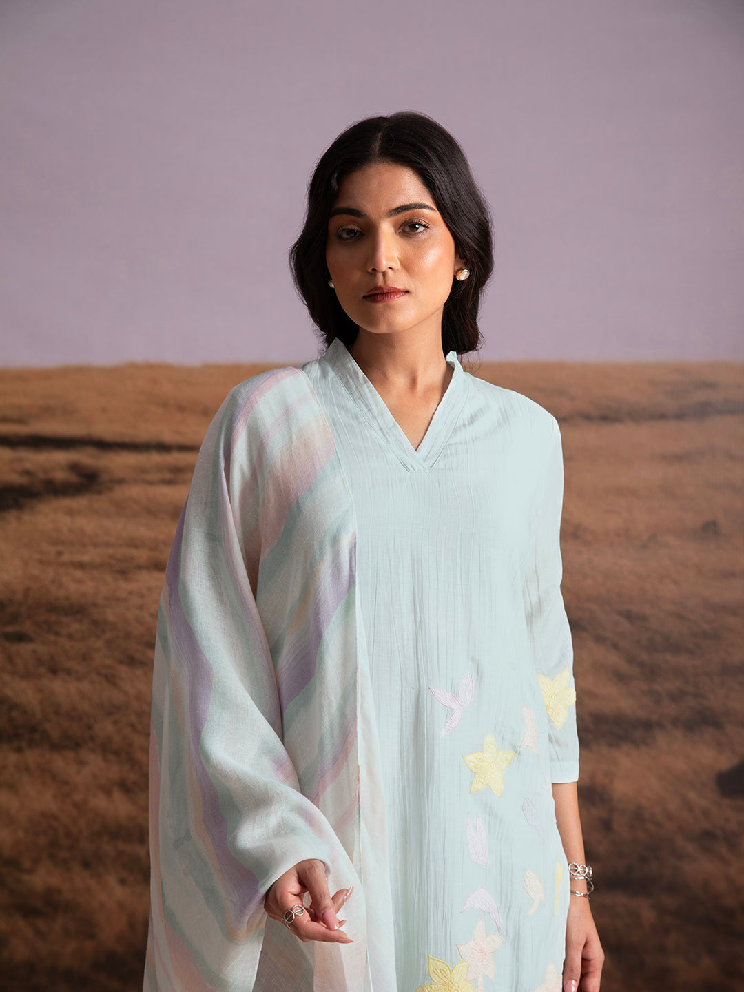 Crinkle Vegan Silk Applique Kurta Set (of 3)- Artic Blue