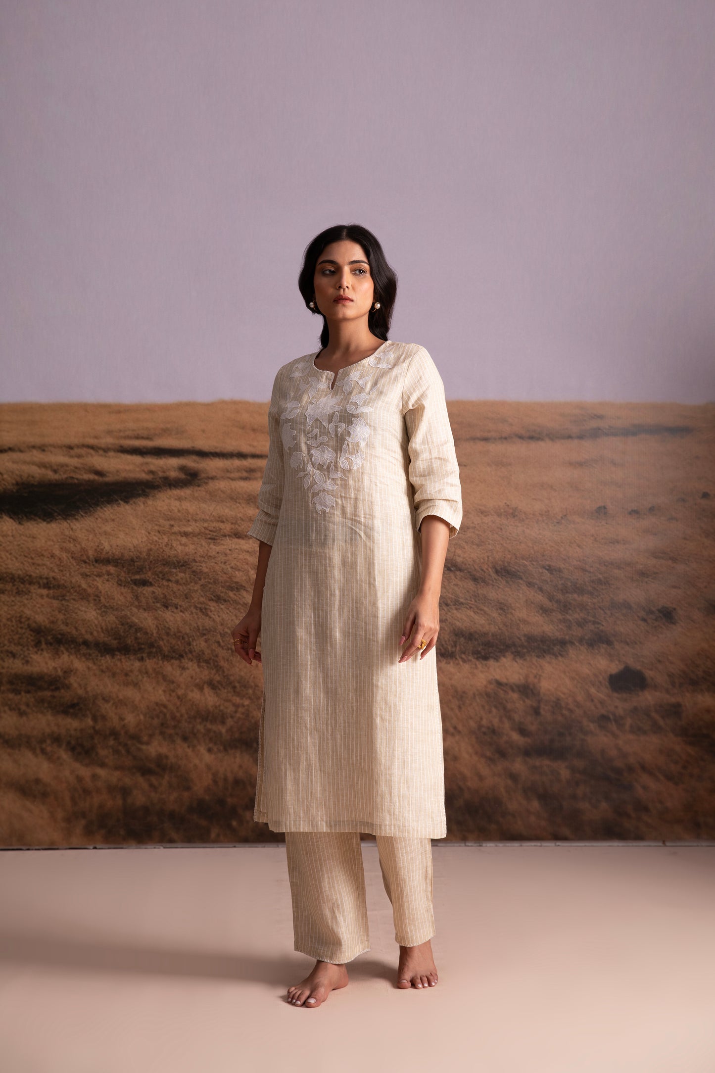 Pure Hemp Striped Applique Kurta Set-Natural