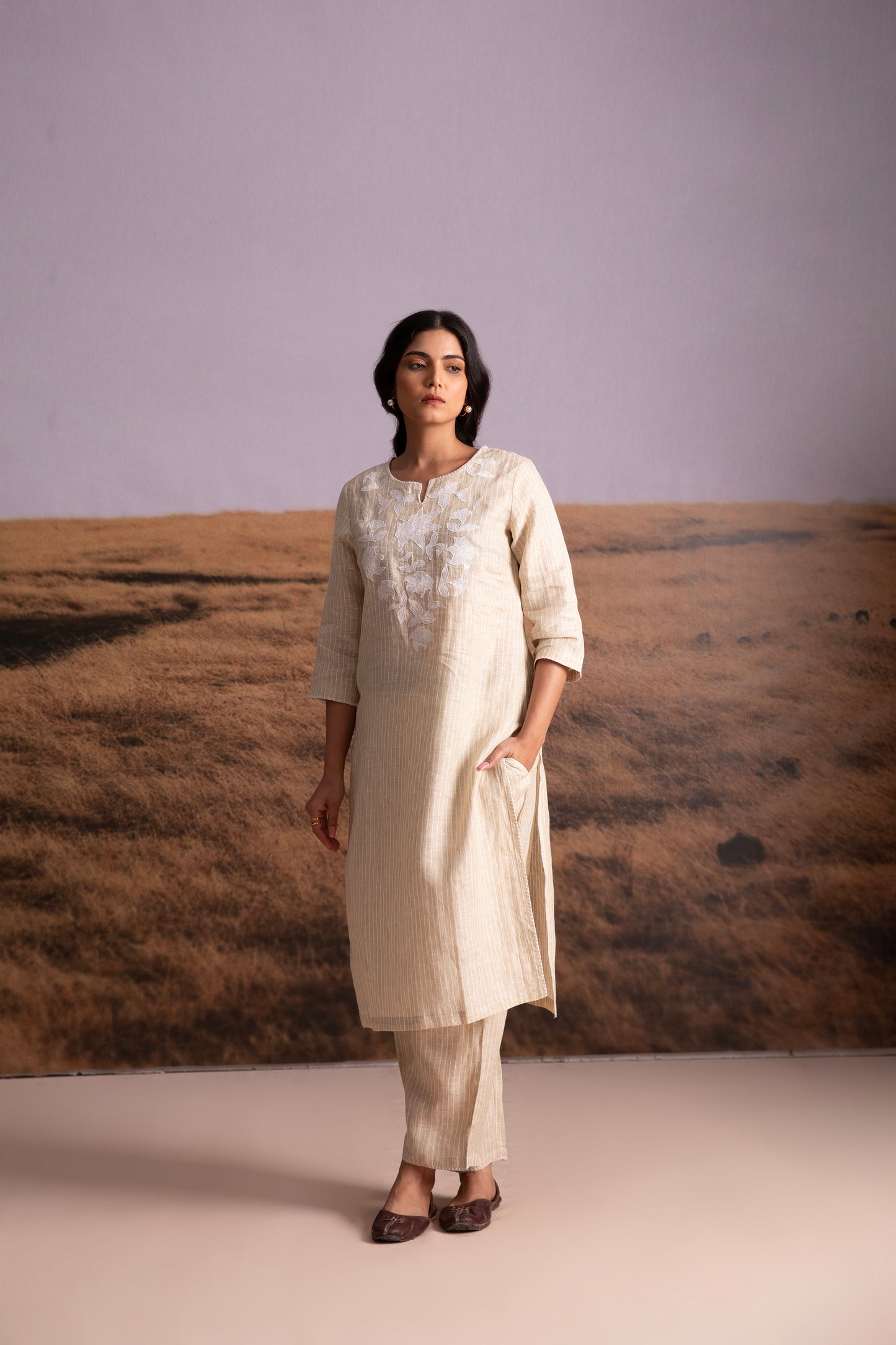 Pure Hemp Striped Applique Kurta Set-Natural