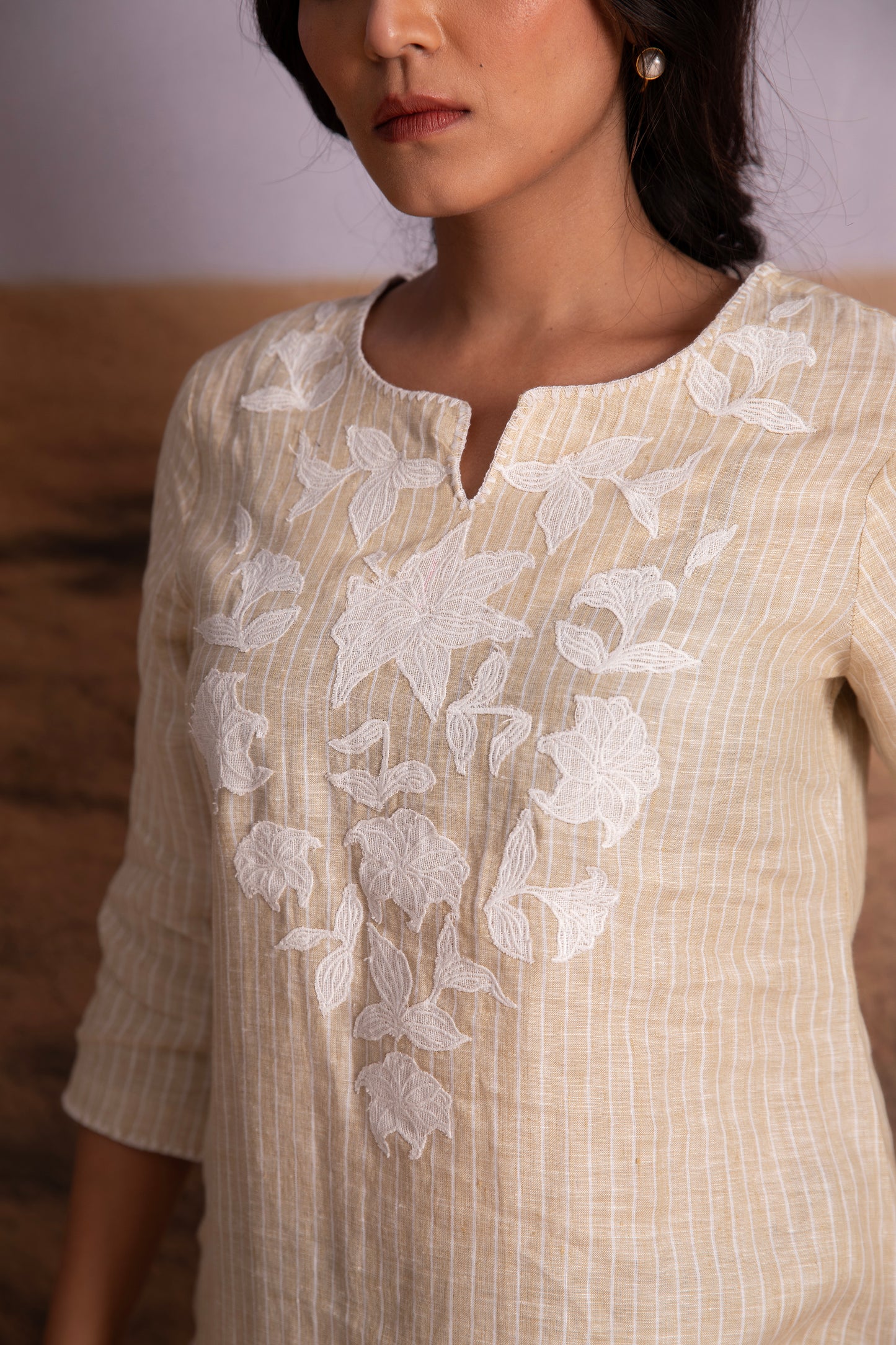Pure Hemp Striped Applique Kurta Set-Natural
