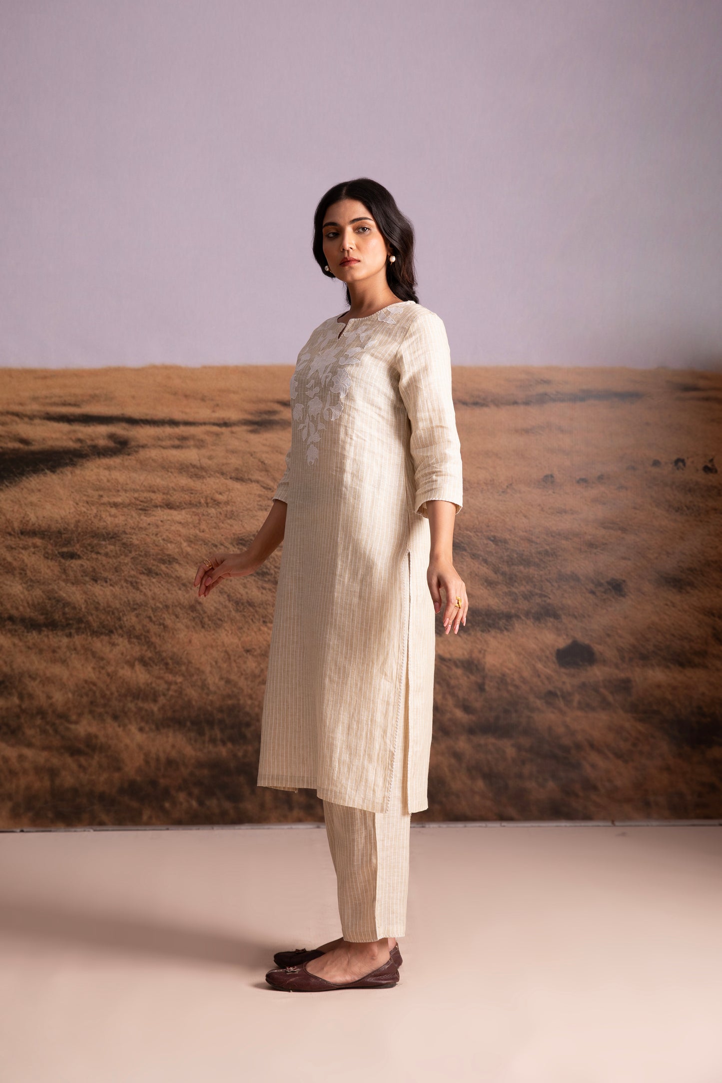 Pure Hemp Striped Applique Kurta Set-Natural