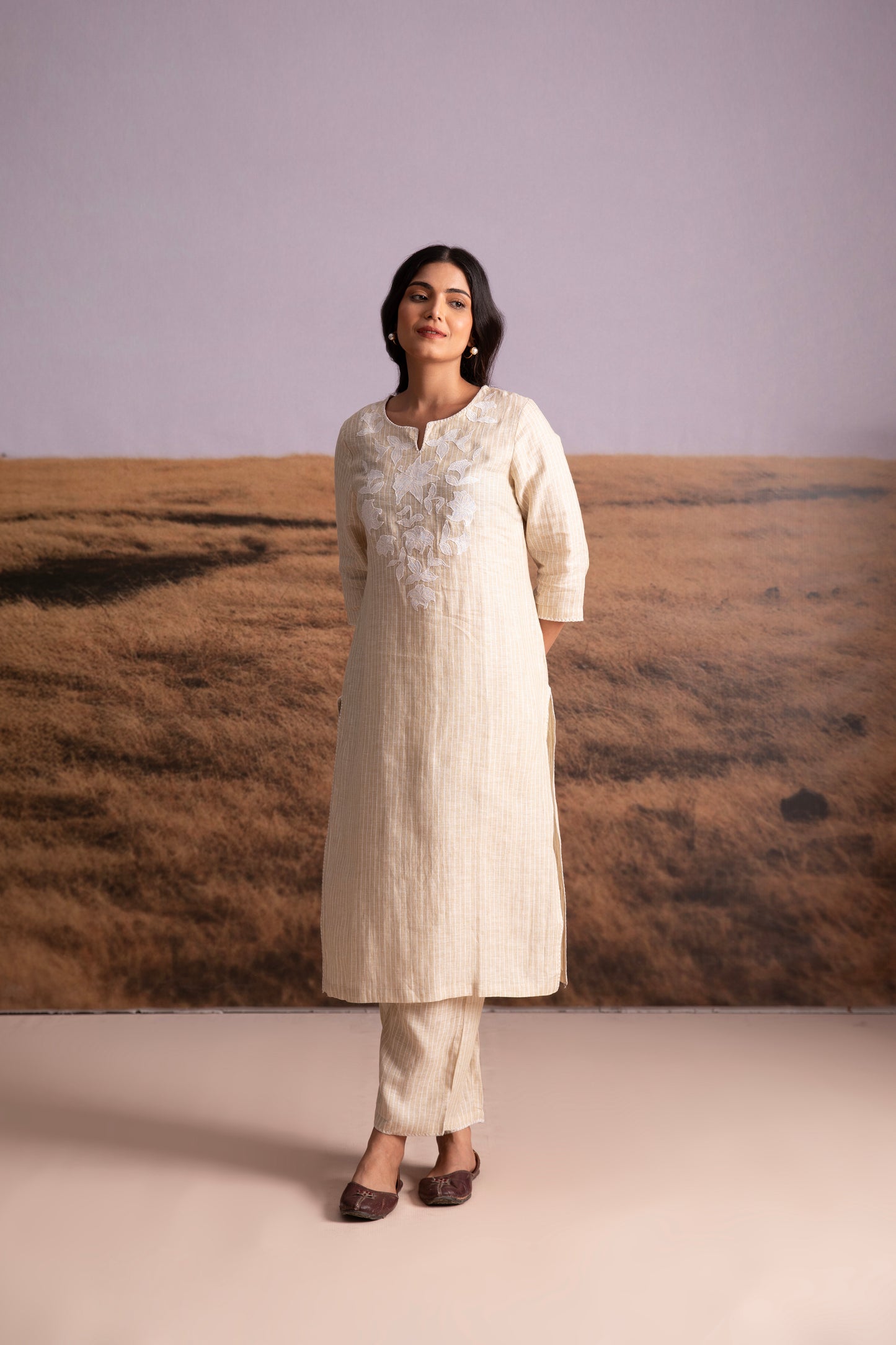 Pure Hemp Striped Applique Kurta Set-Natural