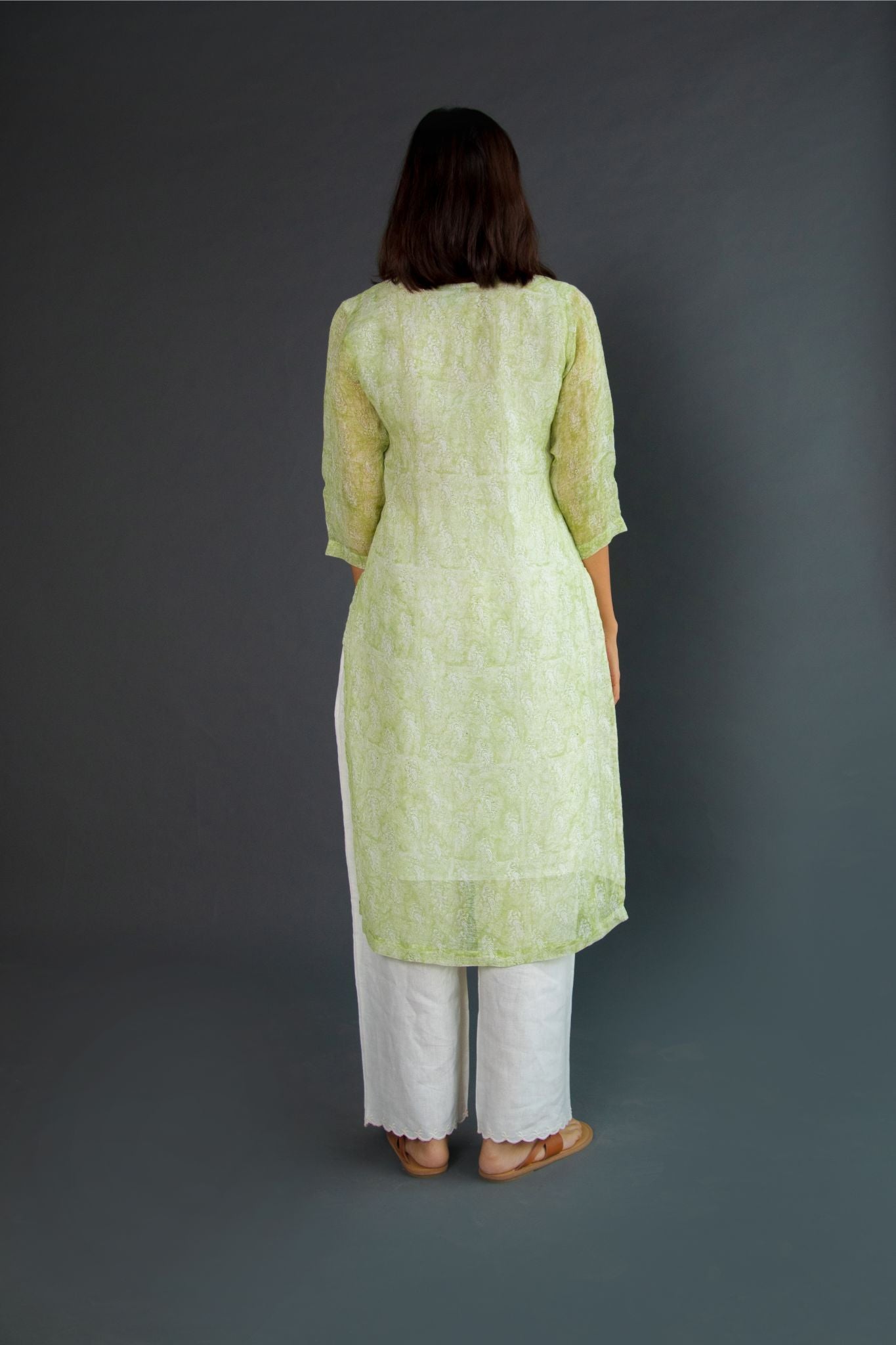 Handblock Pure Linen Kurta with Embroidery details-Pista