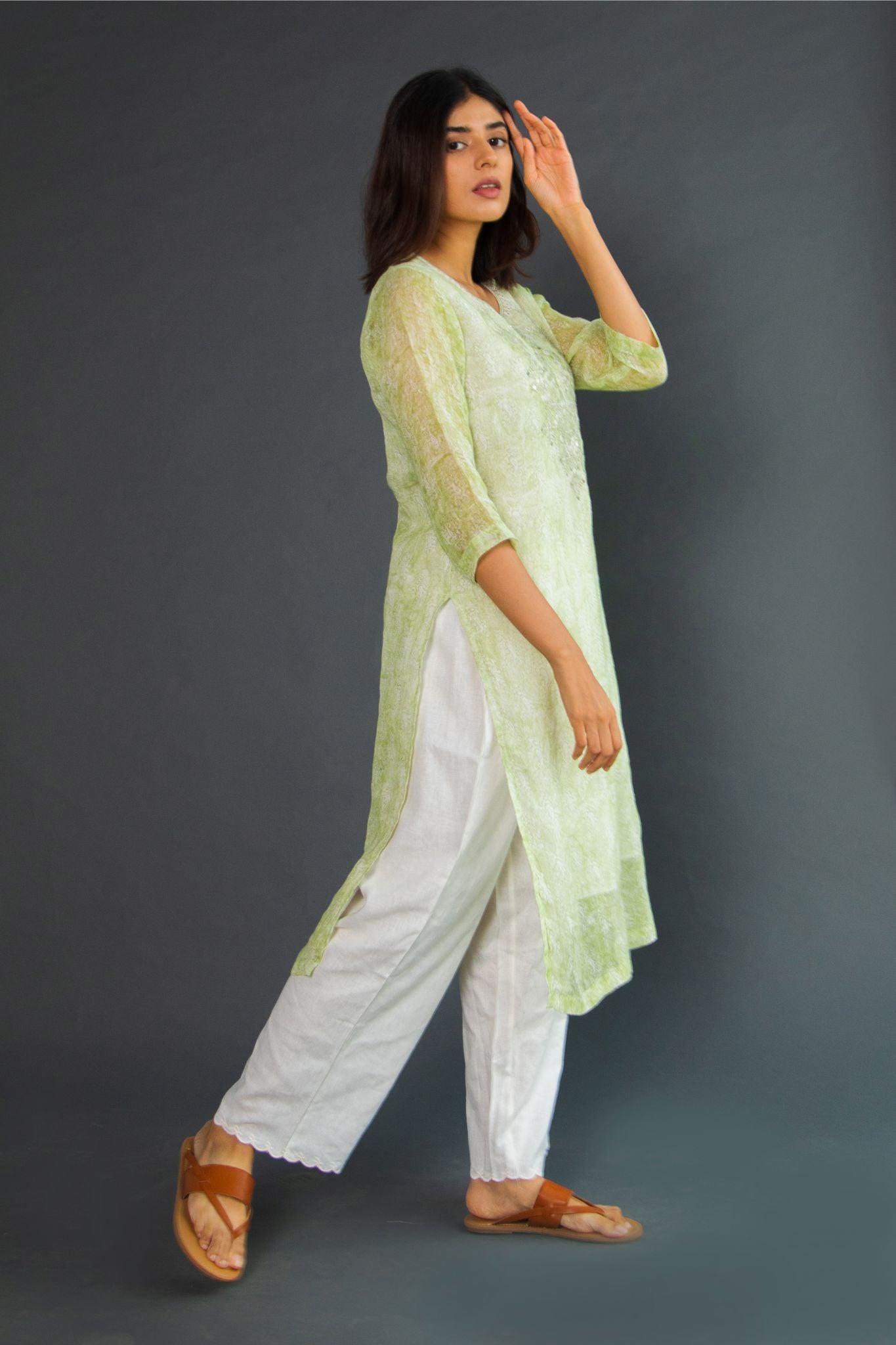 Handblock Pure Linen Kurta with Embroidery details-Pista