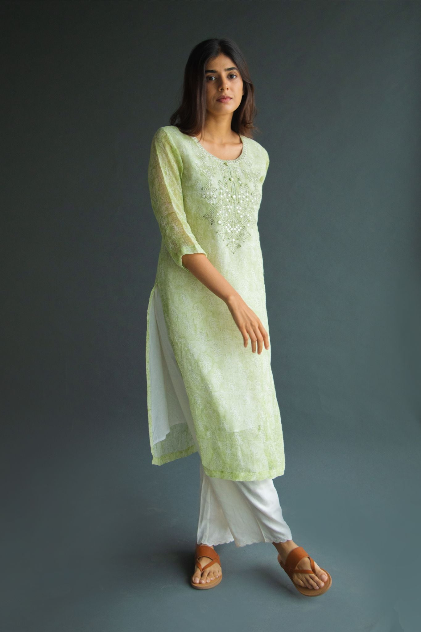Handblock Pure Linen Kurta with Embroidery details-Pista