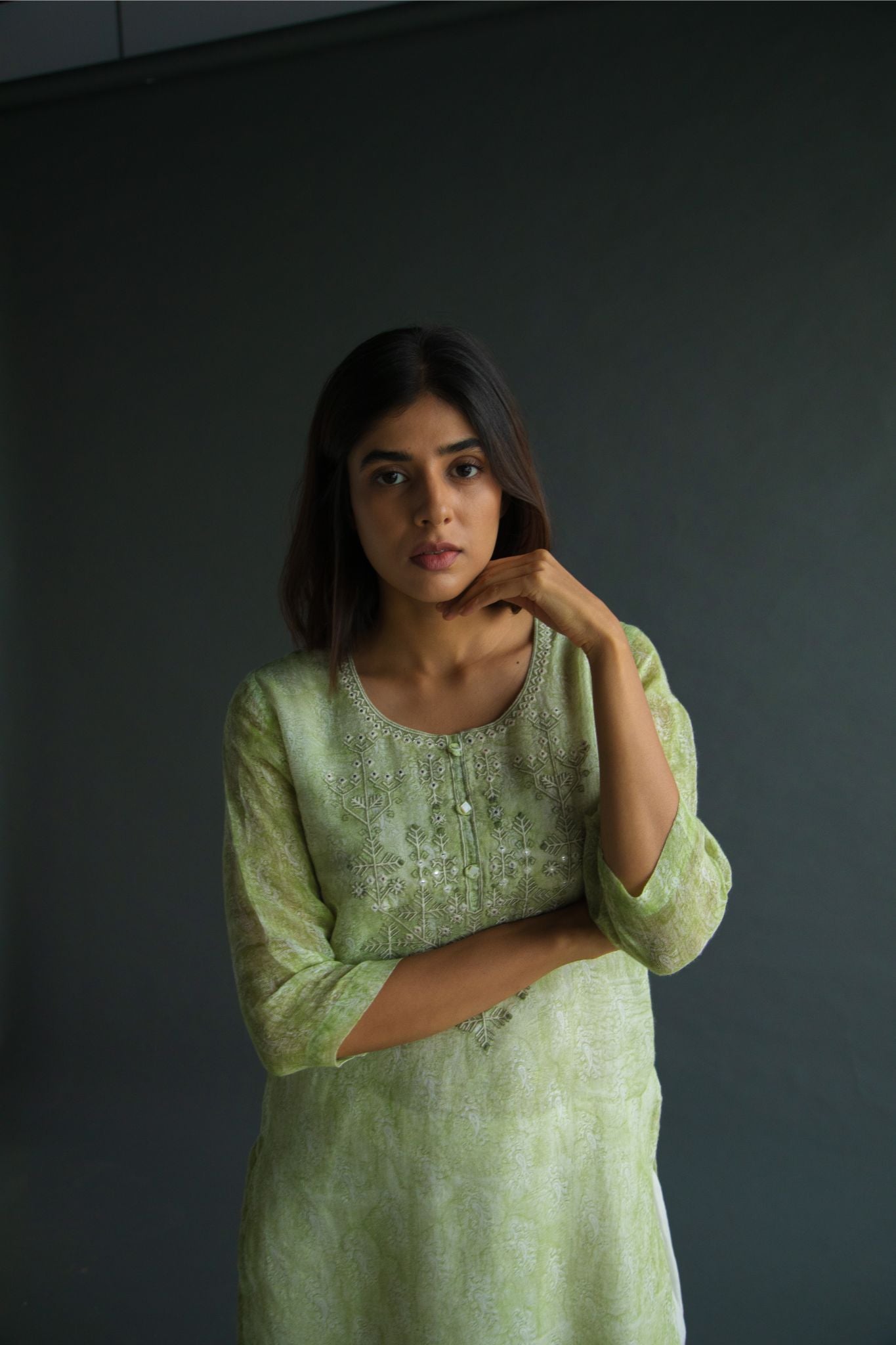Handblock Pure Linen Kurta with Embroidery details-Pista