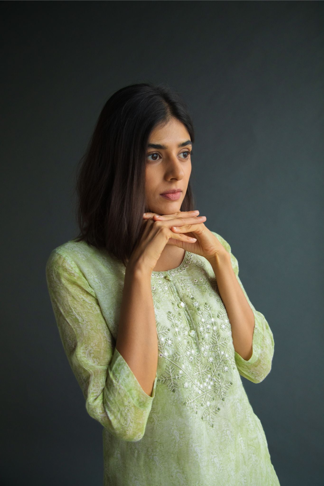 Handblock Pure Linen Kurta with Embroidery details-Pista