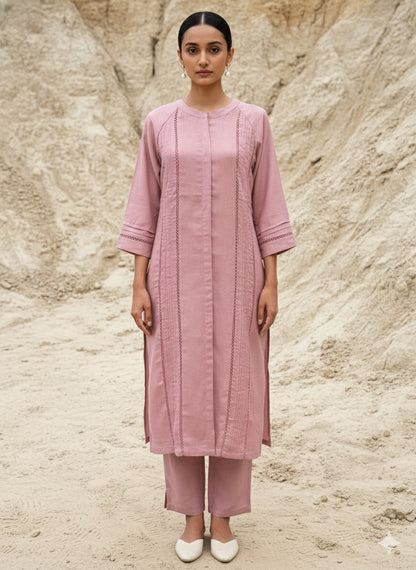 Blossom Pink Karimiori Lace Linen Kurta Set with Dupatta