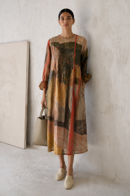 Earth Palette Linen Dress with Pintuck Details