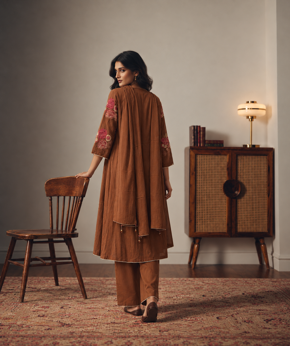 Cupro Silk Embroidered Kurta Set- Caramel
