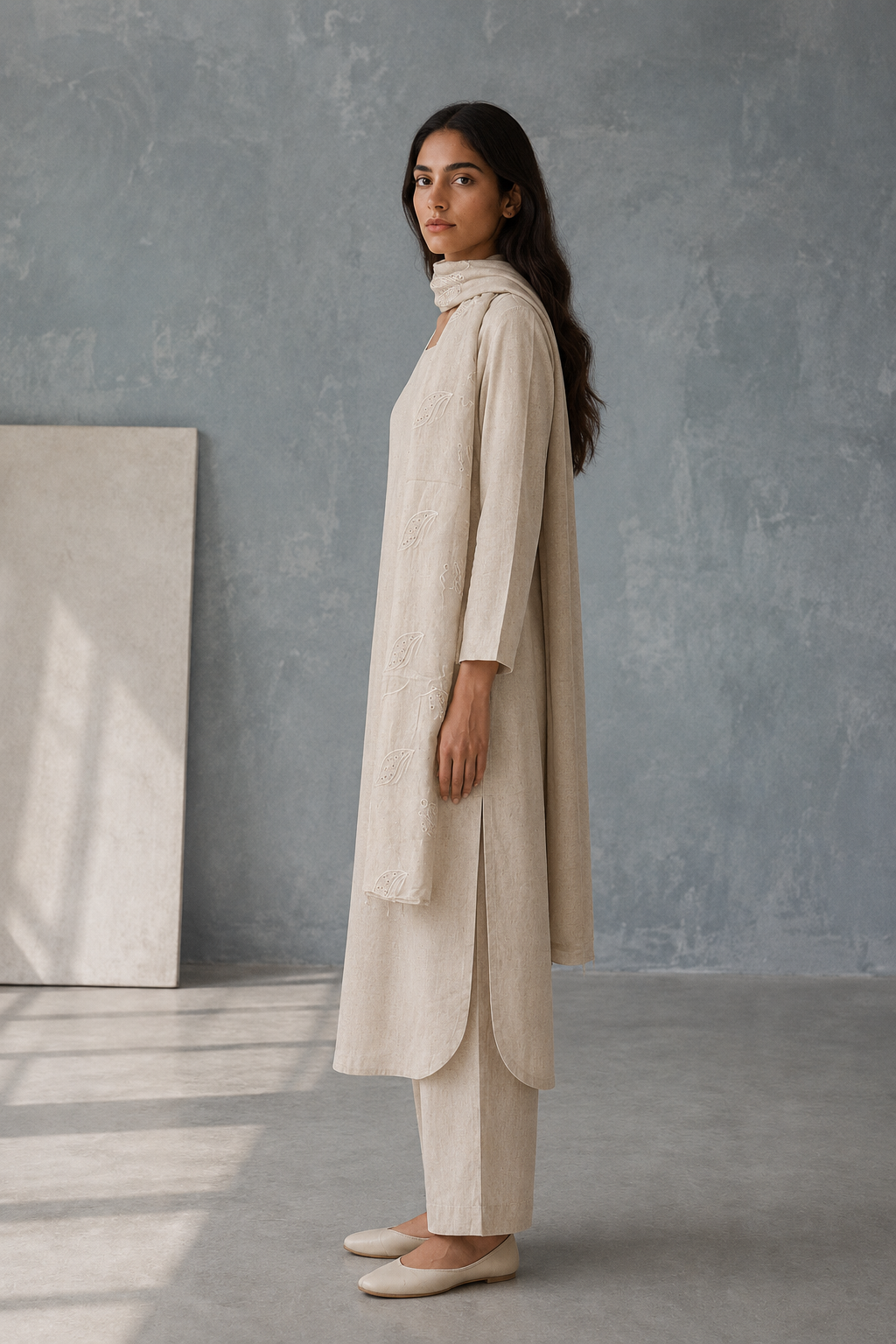 Rozana Linen Kurta Set with Schiffli Embroidered Dupatta