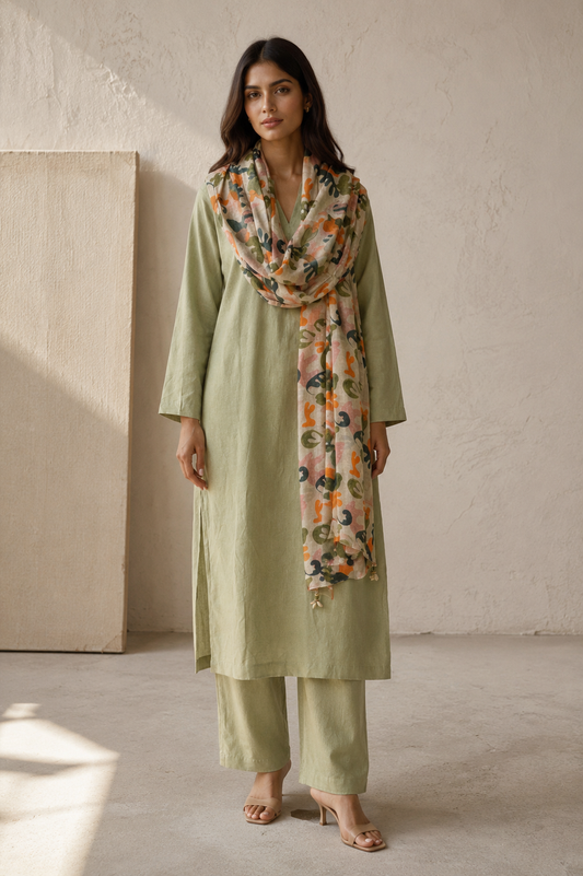 Rozana Linen Kurta Set-Mint