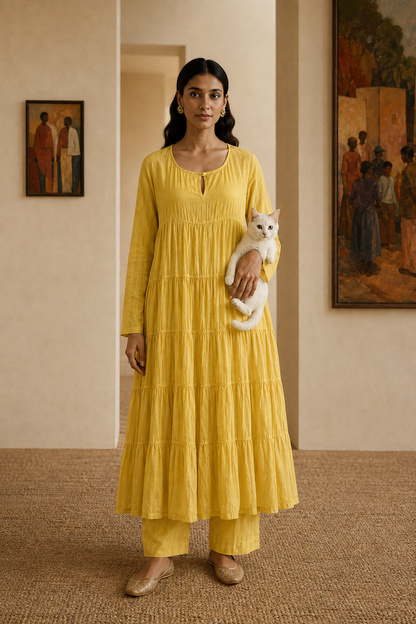 Cupro Tiered Anarkali Set- Yellow