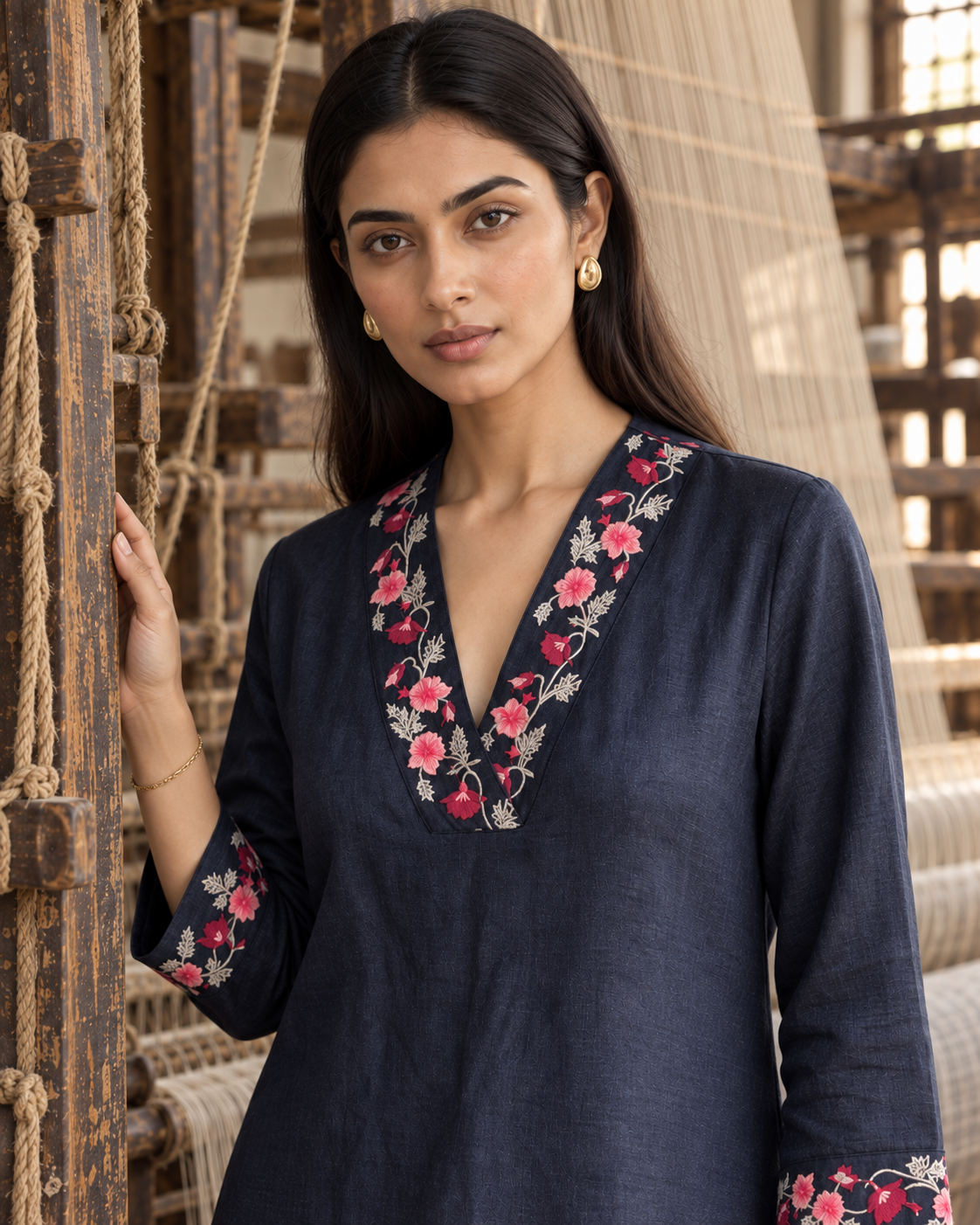 100% Hemp Embroidered Co-ord Set- Navy