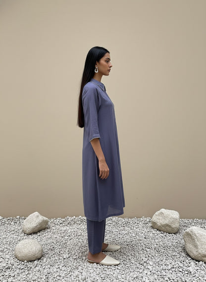 A-Line Dusk Blue Linen Kurta Set