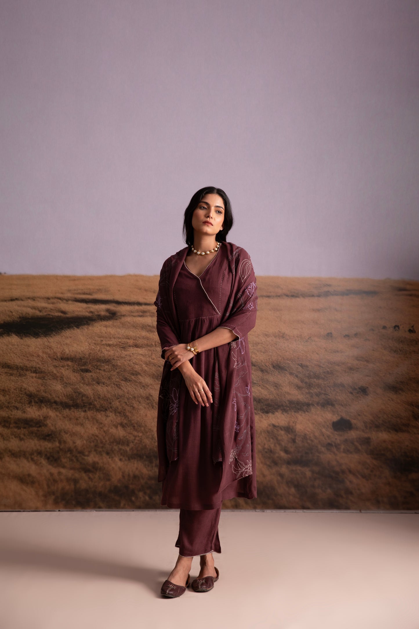 Plum Linen Kurta Set with Odhani